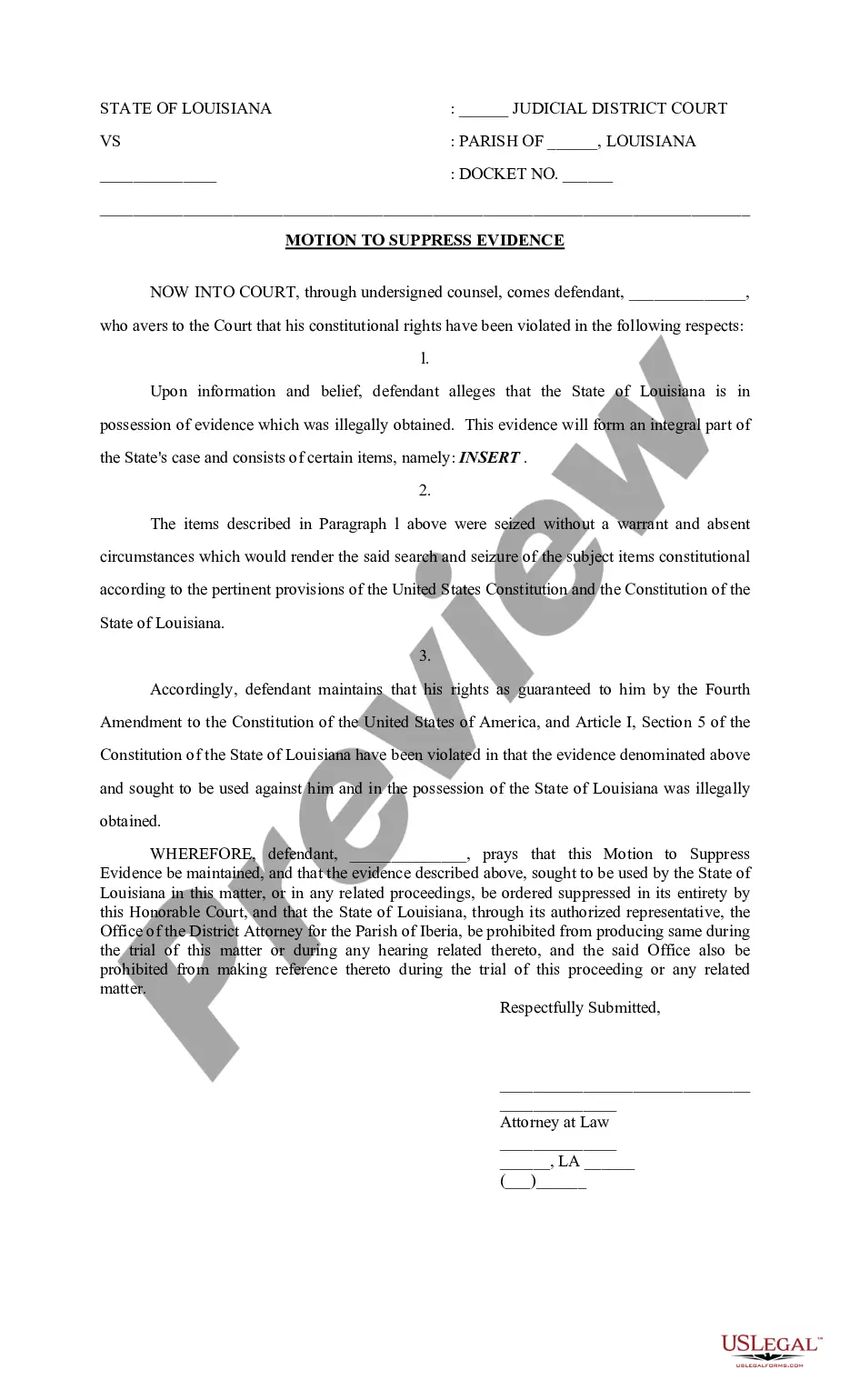 Louisiana Motion to Suppress Evidence Motion To Suppress Evidence