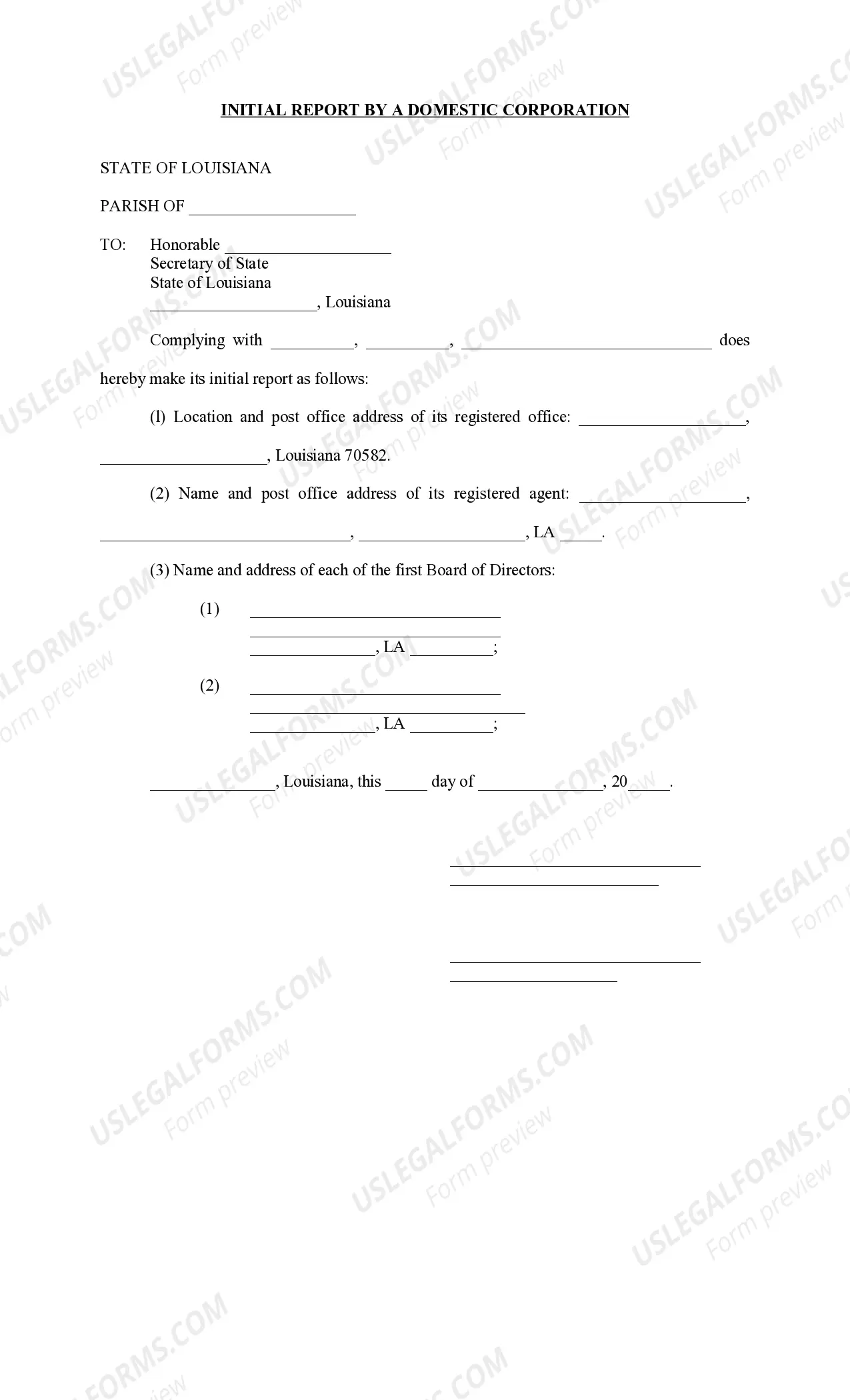 Preview Articles of Incorporation, Initial Report by a Domestic Corporation and Affidavit of Acceptance of Appointment by Designated Registered Agent