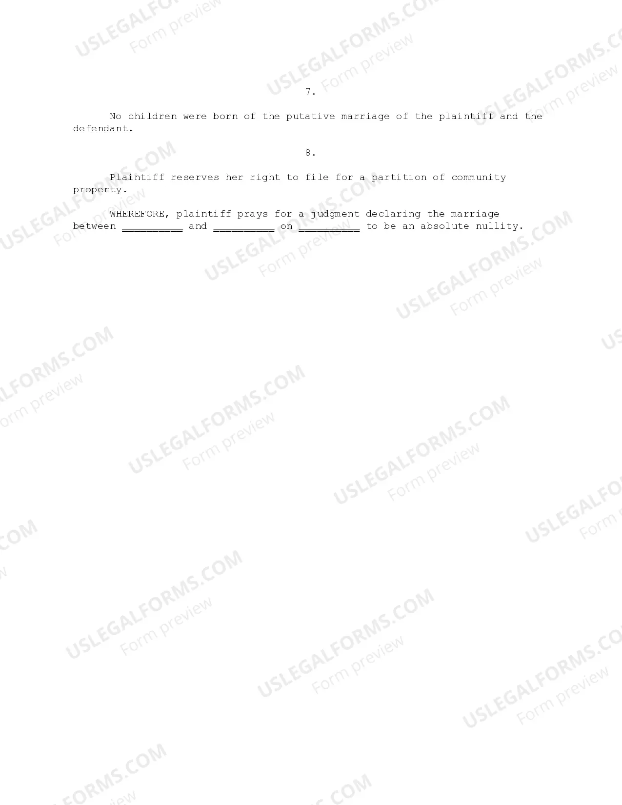 Preview Petition in Suit to Declare Marriage Absolutely Null and Judgment