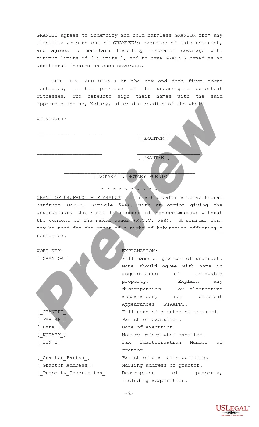 Preview Grant of Usufruct