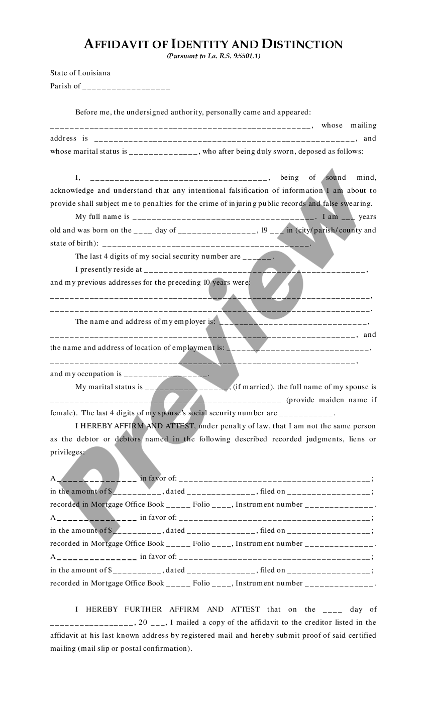 Louisiana Affidavit Of Identity Affidavit Of Identity Us Legal Forms