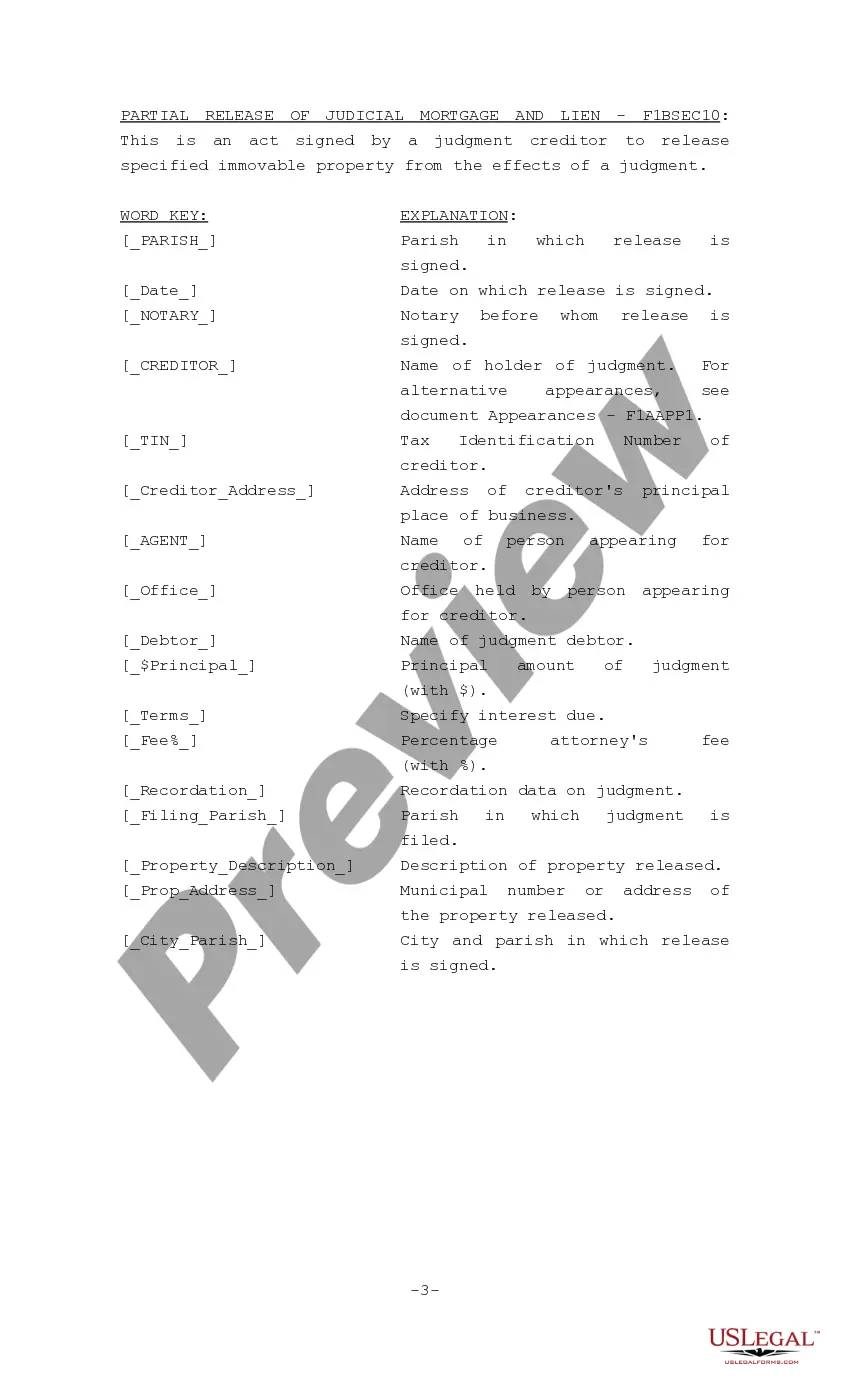Preview Partial Release of Judicial Mortgage and Lien