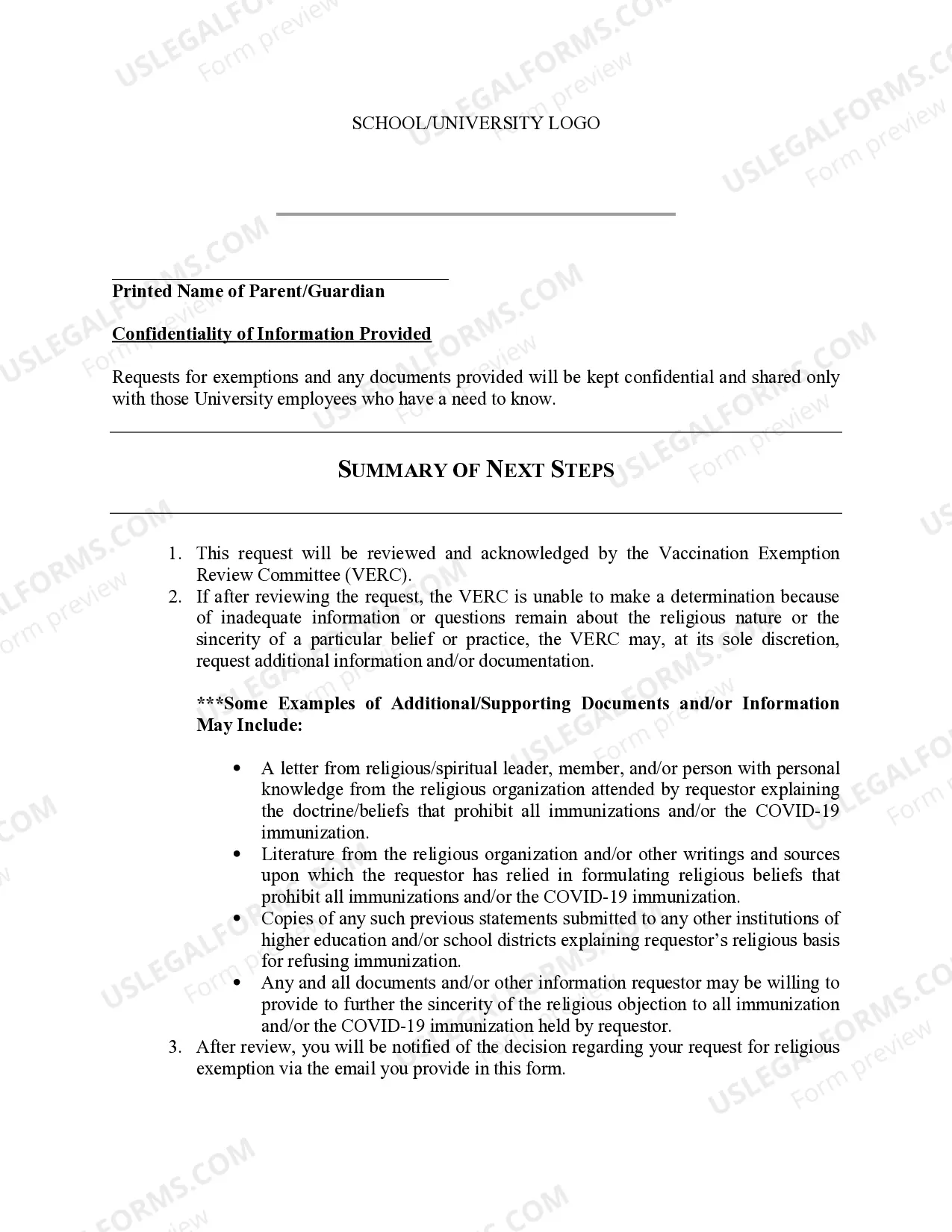 Preview Request for COVID-19 Vaccination Religious Exemption at a college and/or university.