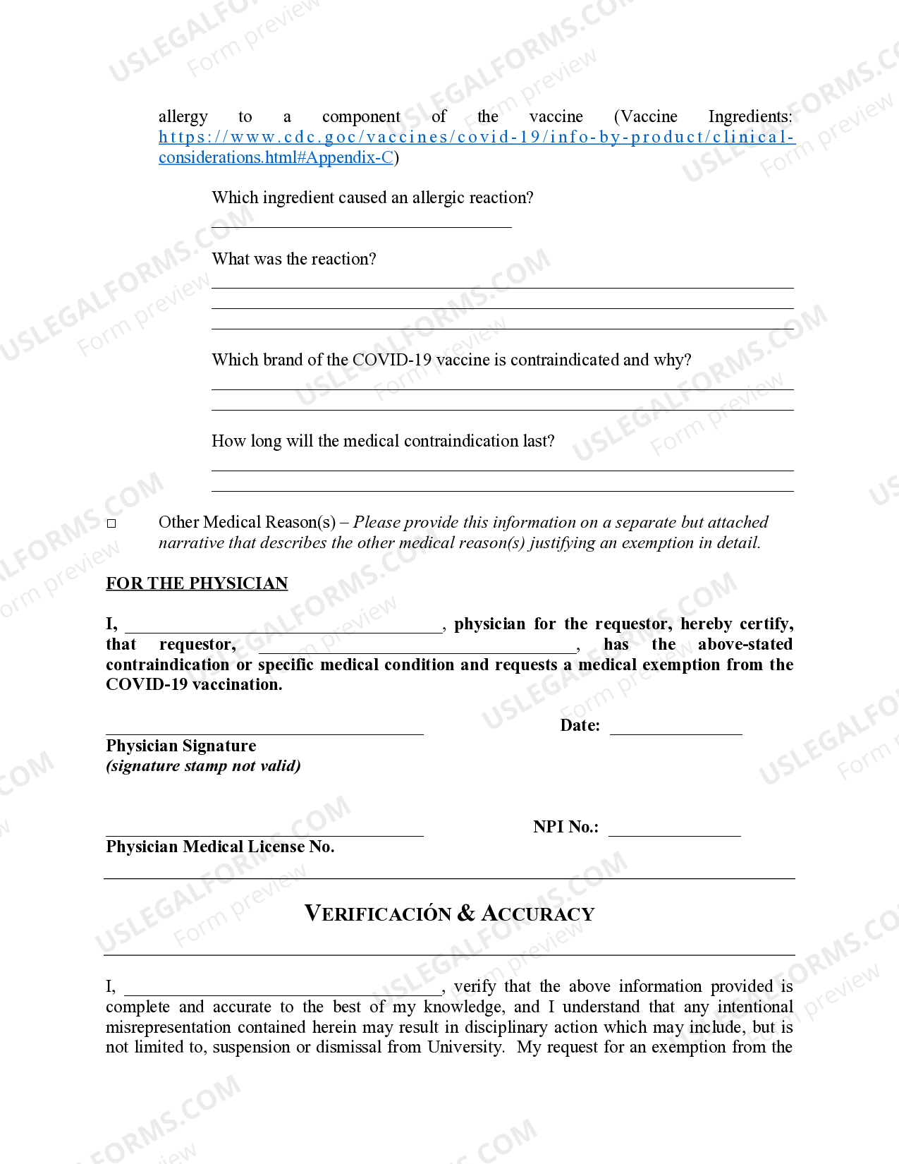 Louisiana Request for COVID19 Vaccination Medical Exemption at a