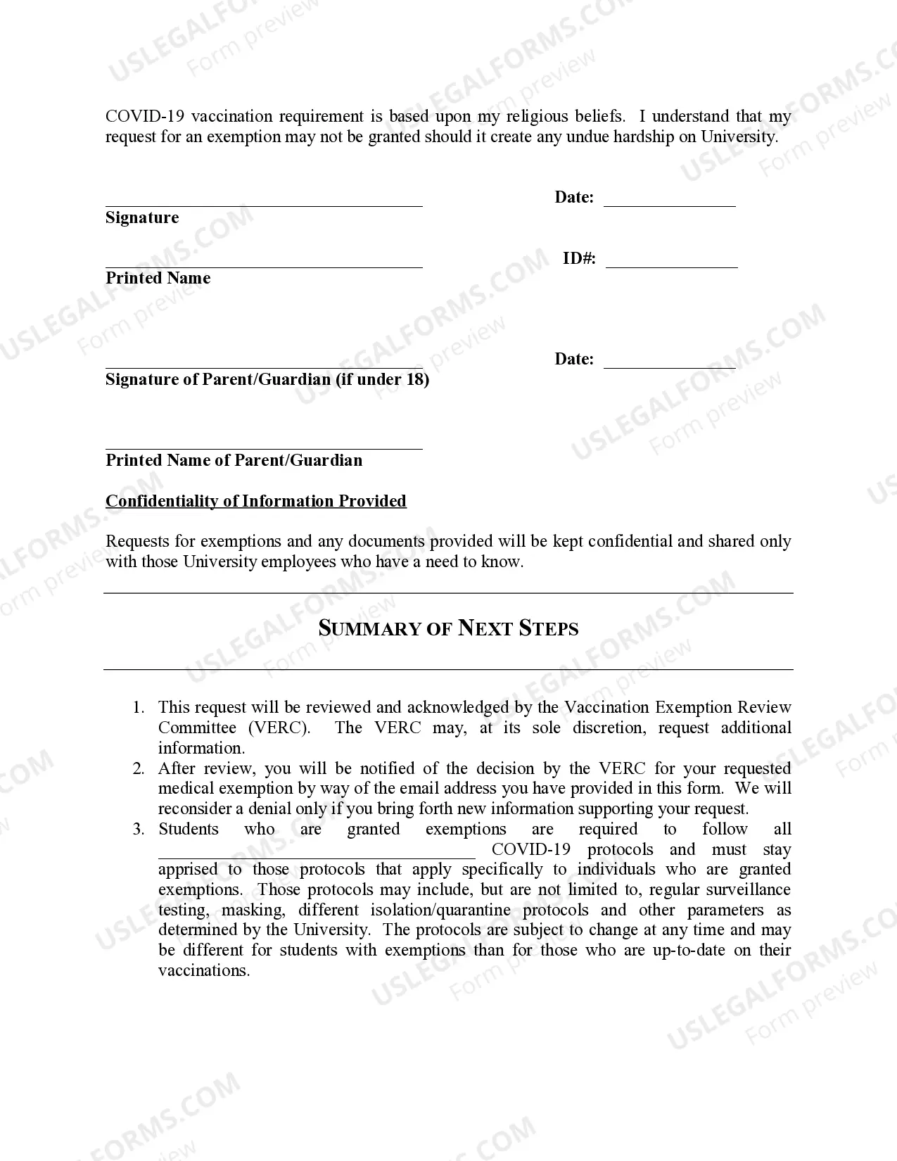 Preview Request for COVID-19 Vaccination Medical Exemption at a college and/or university.