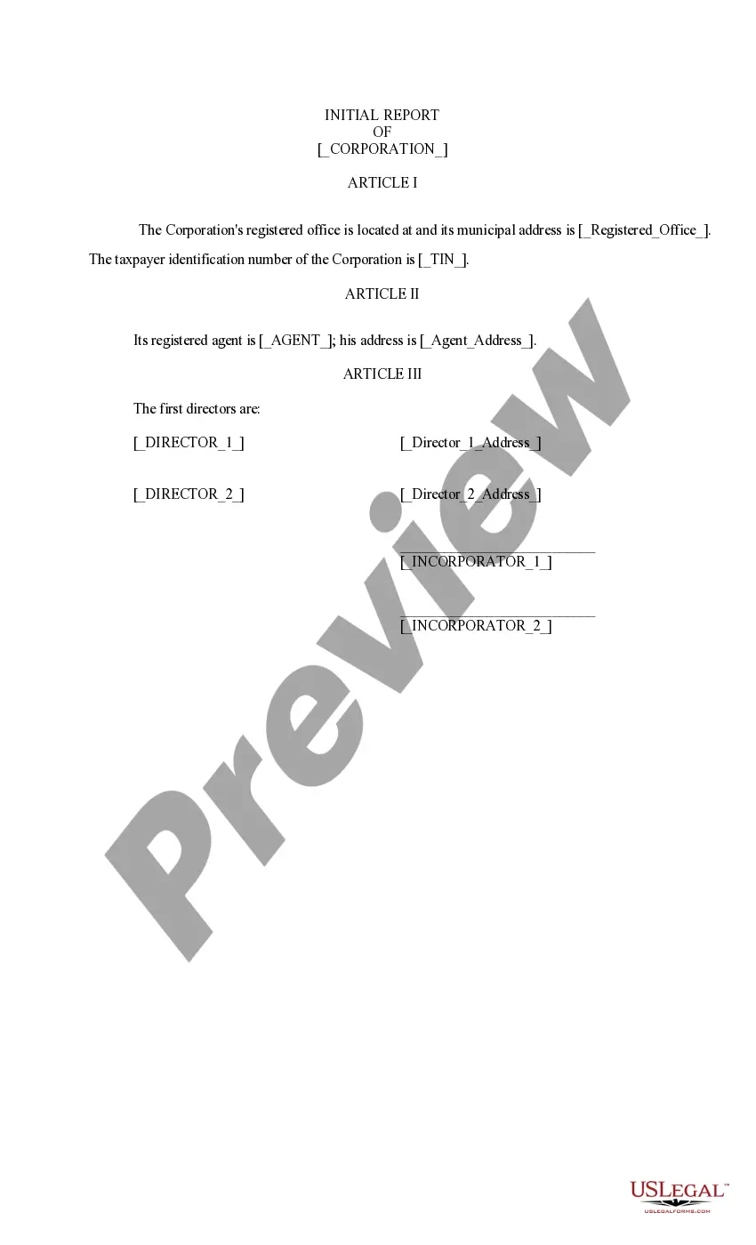Get Articles of Incorporation with Affidavit of Acceptance and Initial Report Preview Articles of Incorporation with Affidavit of Acceptance and Initial Report