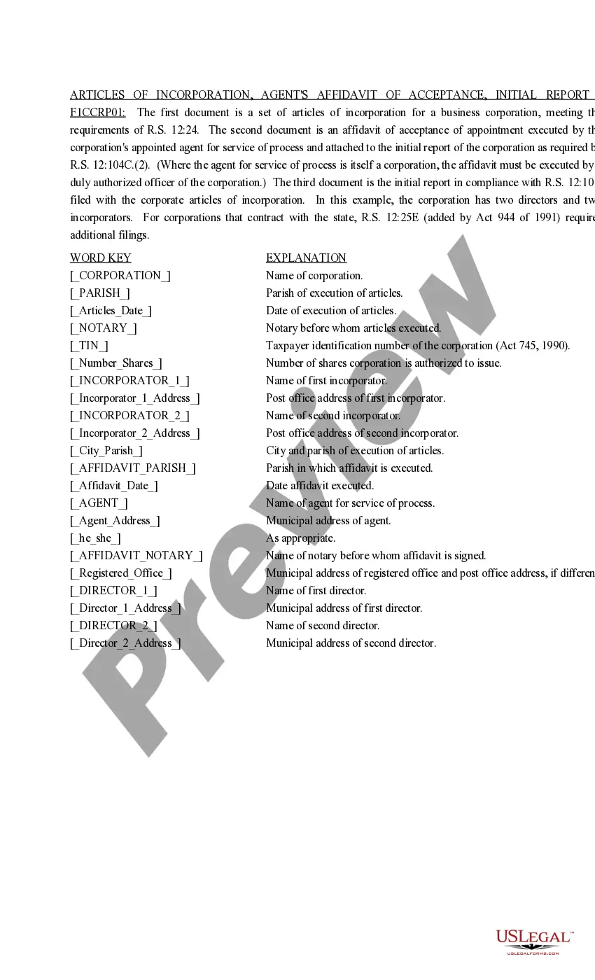 Get Articles of Incorporation with Affidavit of Acceptance and Initial Report Preview Articles of Incorporation with Affidavit of Acceptance and Initial Report