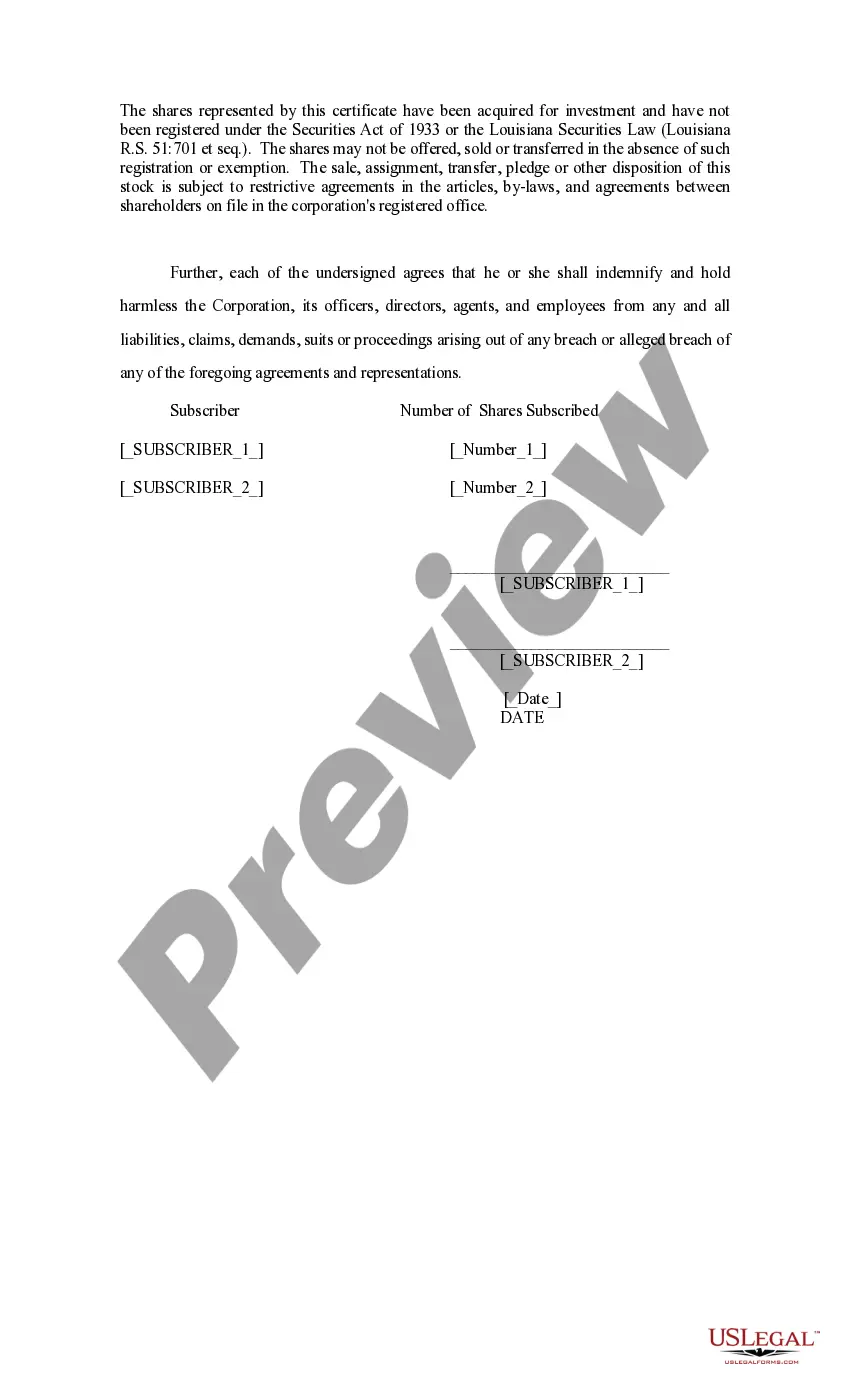 Preview Subscription for Shares of Corporation