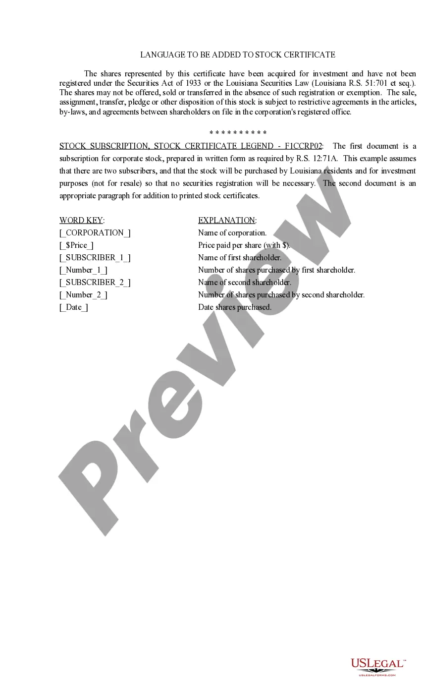 Preview Subscription for Shares of Corporation