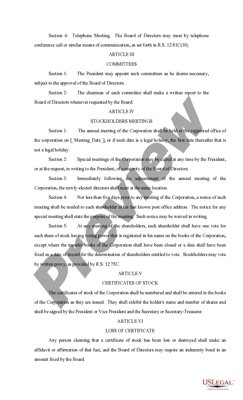 Preview Bylaws of Corporation