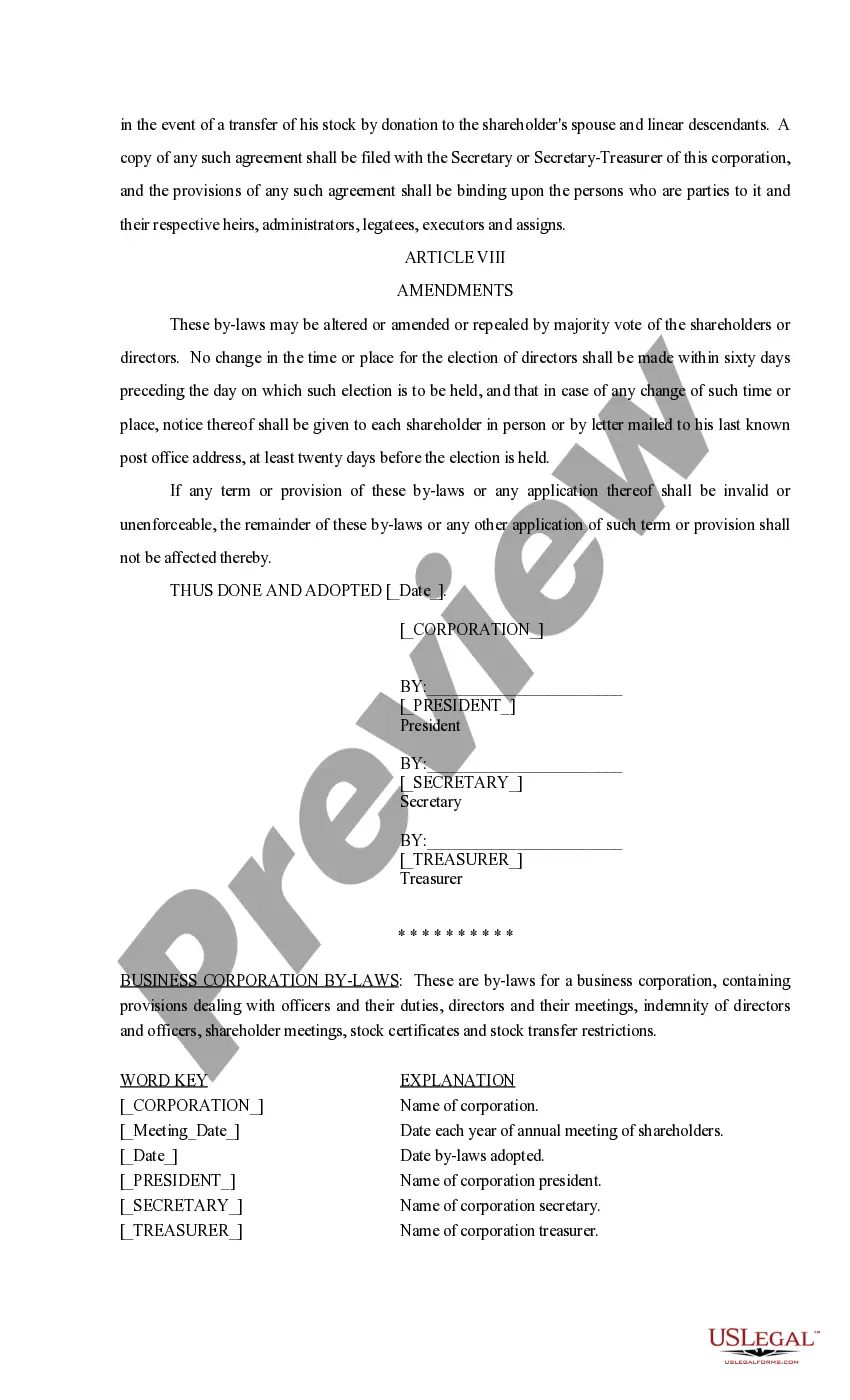 Preview Bylaws of Corporation