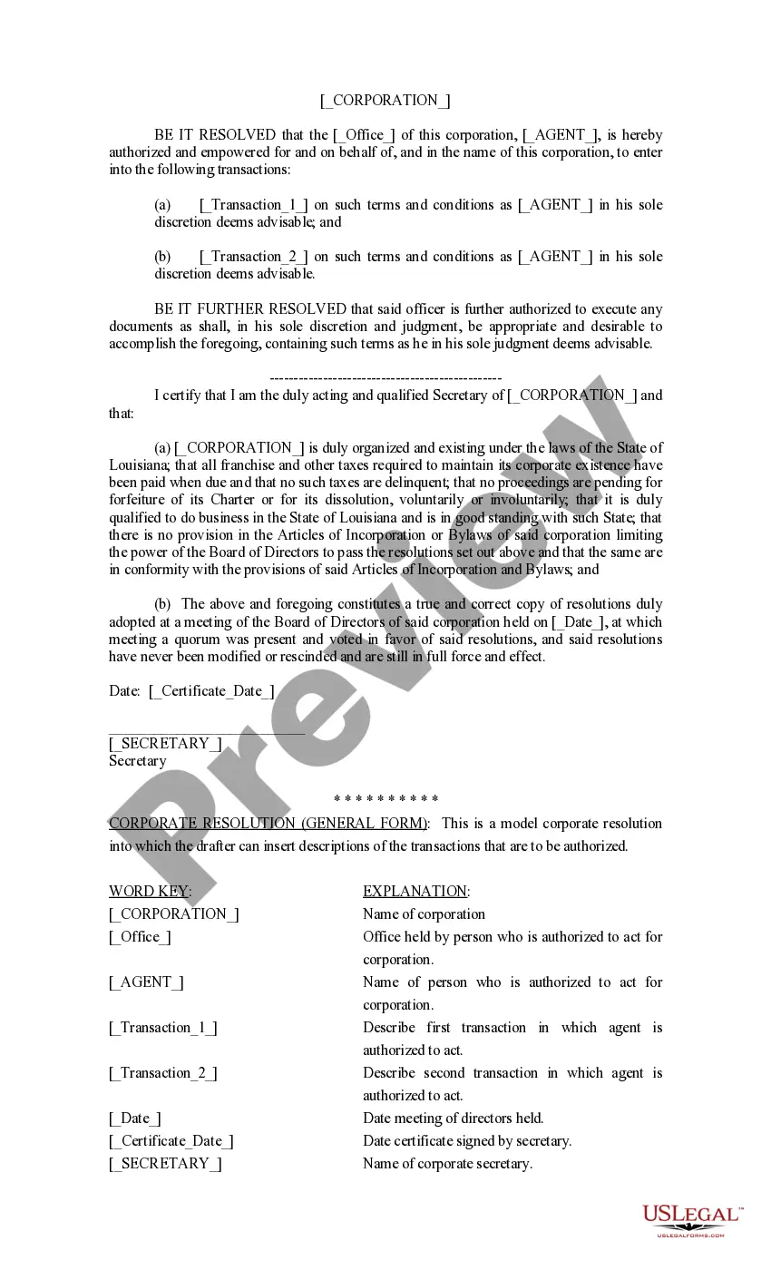 Preview Resolution of the Board of Directors of a Company