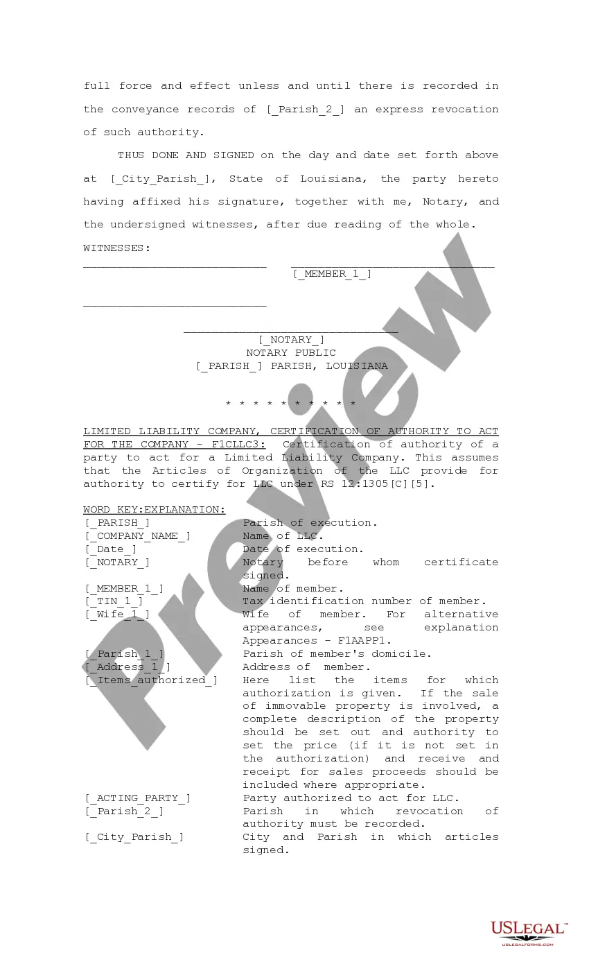 Preview Certification of Authority to Act for a Limited Liability Company LLC