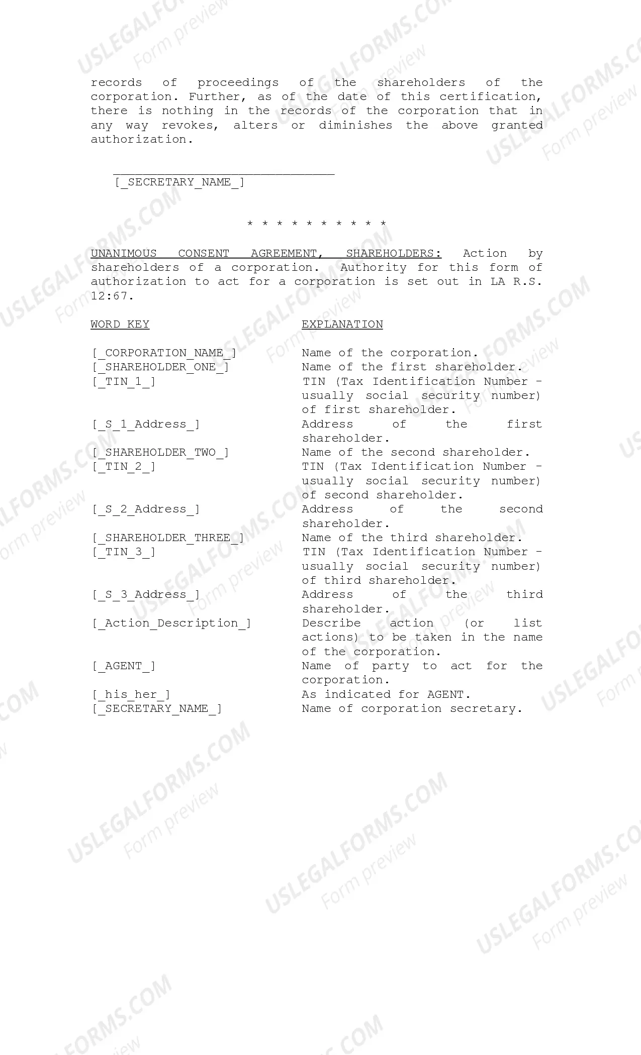 Preview Unanimous Consent Agreement by the Shareholders of Corporation