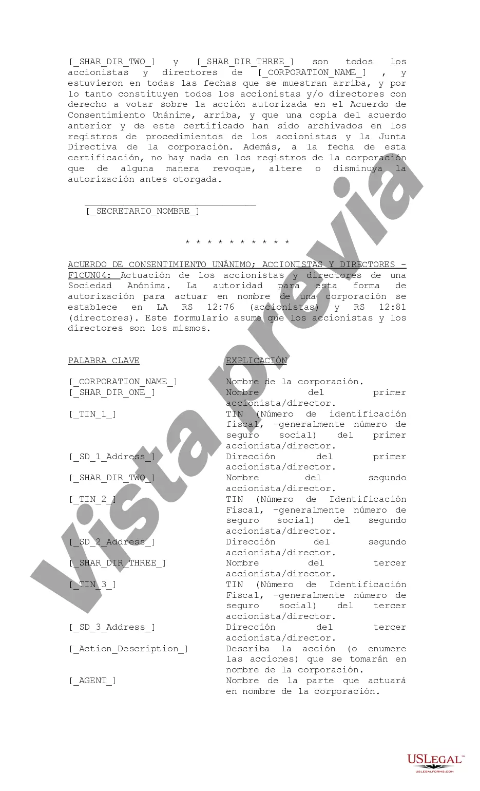 Preview Acuerdo de Consentimiento Unánime de los Accionistas y Directores de la Corporación