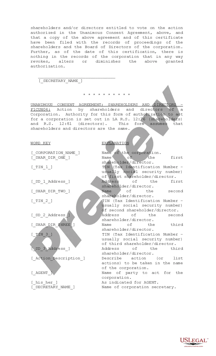 Preview Unanimous Consent Agreement by the Shareholders and Directors of Corporation