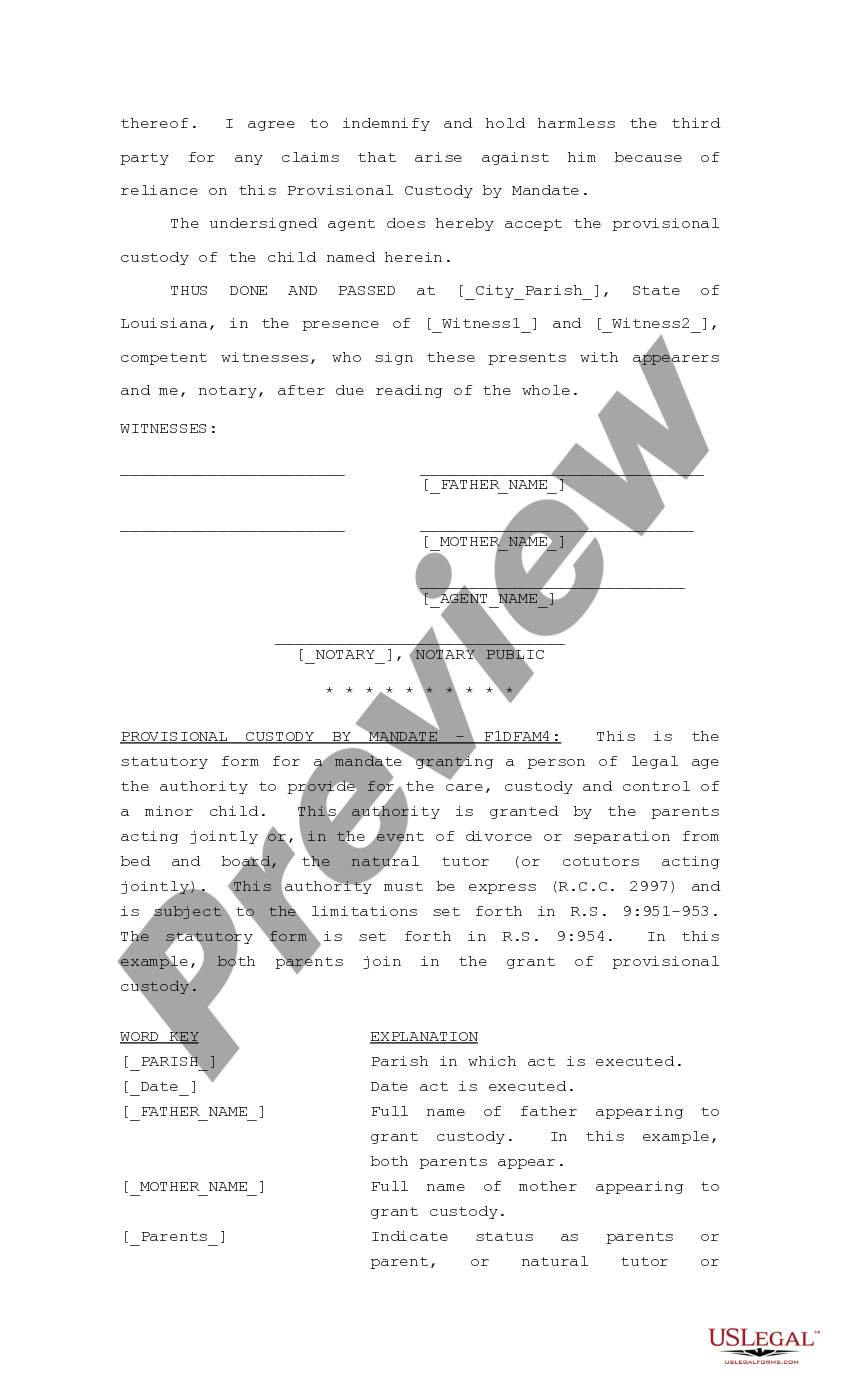 Louisiana Provisional Custody by Mandate La Custody Louisiana US