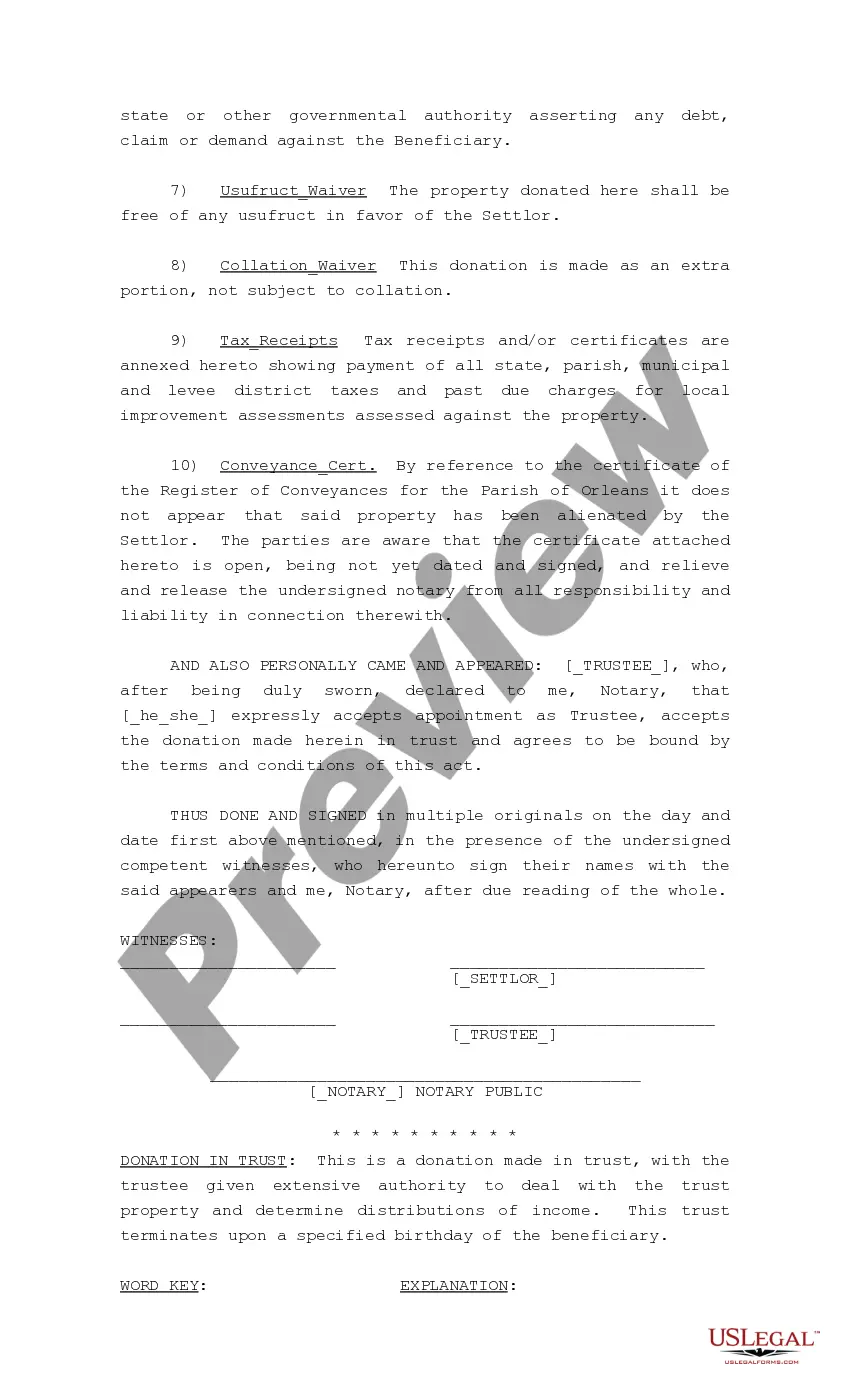 Get Act of Donation in Trust by Settlor to Trustee Preview Act of Donation in Trust by Settlor to Trustee