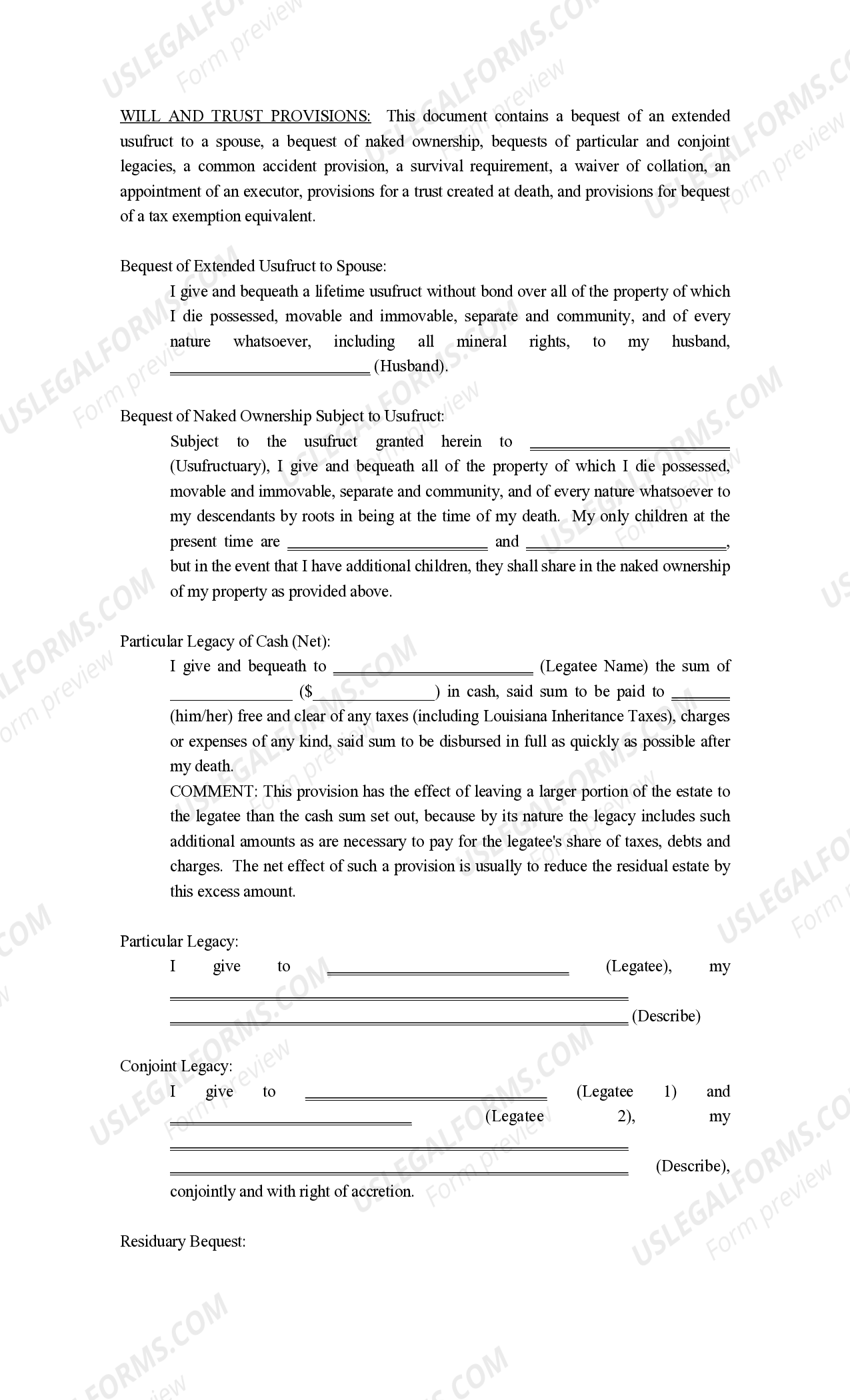 Louisiana Will and Trust Provisions - Louisiana Provisions Sample | US ...