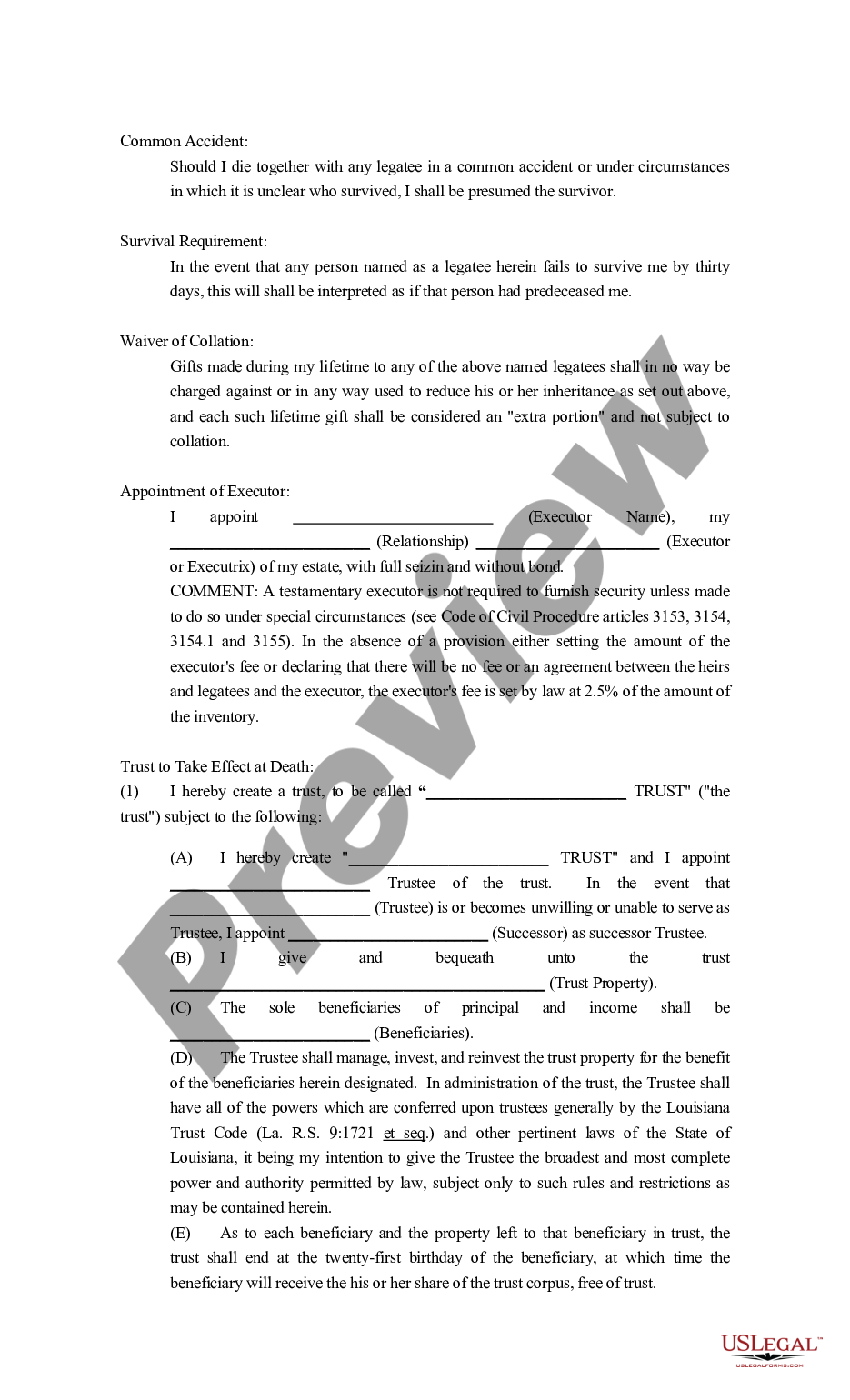 Louisiana Will and Trust Provisions Last Will Trust US Legal Forms
