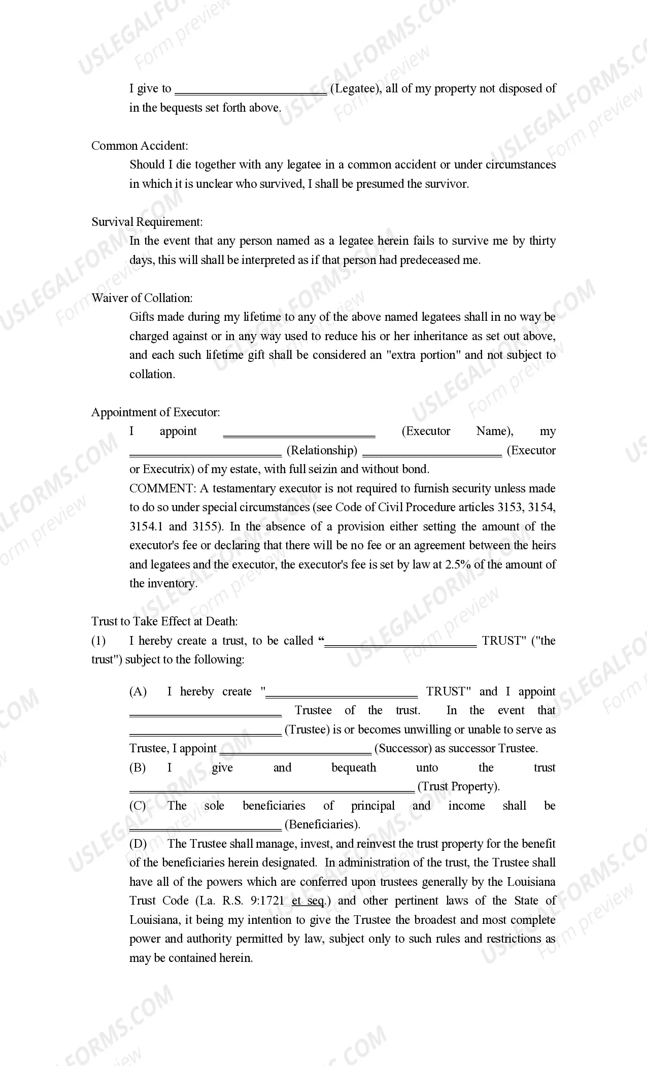 Preview Will and Trust Provisions