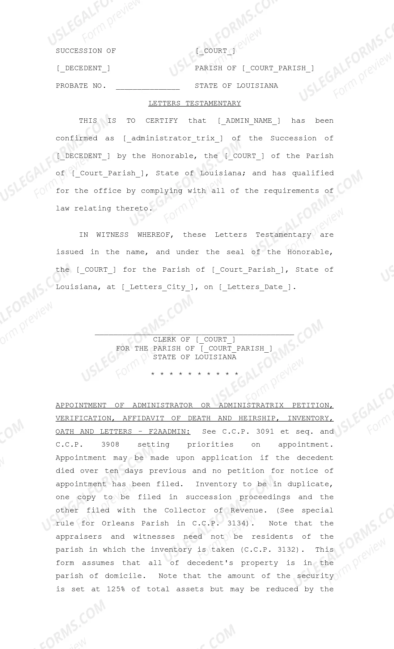 Preview Petition for Appointment of Administrator, Verification of Petition, Order Appointing Administrator, Ordering Inventory and Directing Issuance of Letters