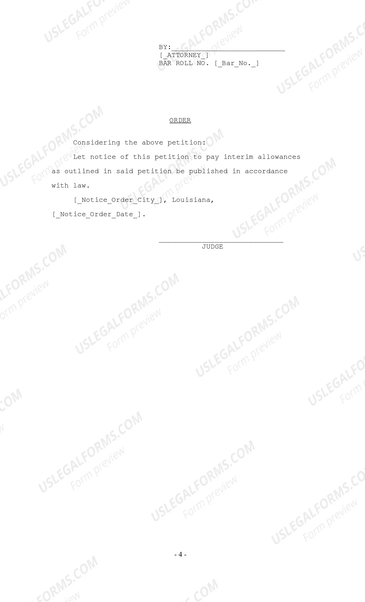 Preview Petition for Authority to Pay Interim Allowances, Verification of Petition, Notice, Certificate of Publication and No Opposition, Order Authorizing Allowance Payment