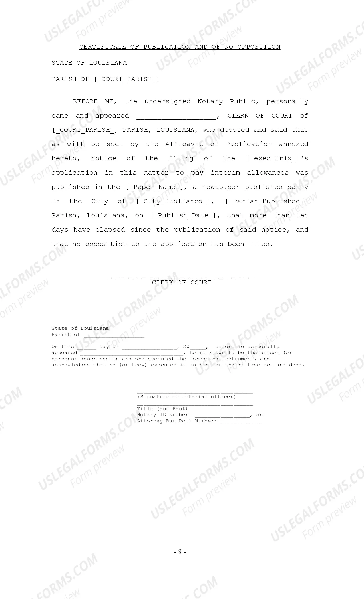 Preview Petition for Authority to Pay Interim Allowances, Verification of Petition, Notice, Certificate of Publication and No Opposition, Order Authorizing Allowance Payment