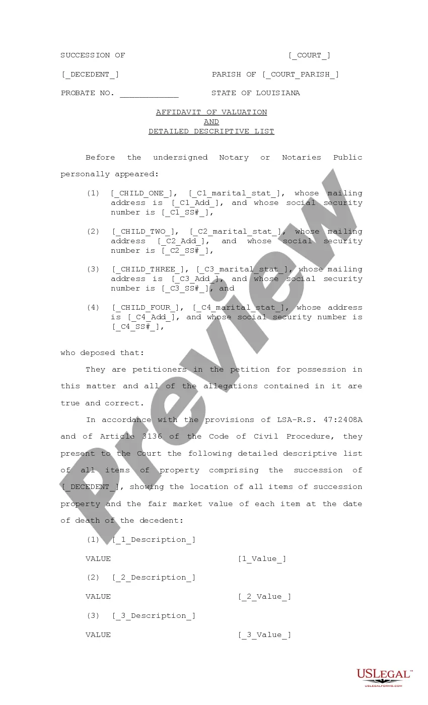 Preview Petition for Possession and Affidavit of Valuation and Detailed Descriptive List, Judgment of Possession
