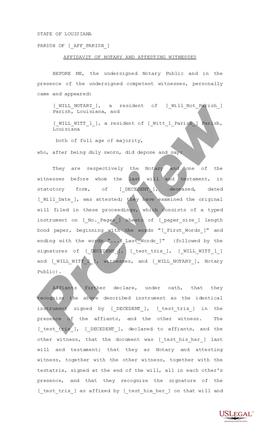 Preview Petition for Probate of Statutory Testament, Affidavit of Notary and Witnesses, Affidavit of Death and Heirship or Descent, Probate Order, Oath, Letters Testamentary