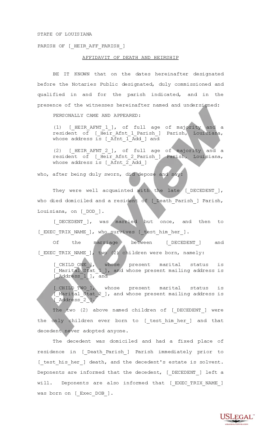 Preview Petition for Probate of Statutory Testament, Affidavit of Notary and Witnesses, Affidavit of Death and Heirship or Descent, Probate Order, Oath, Letters Testamentary