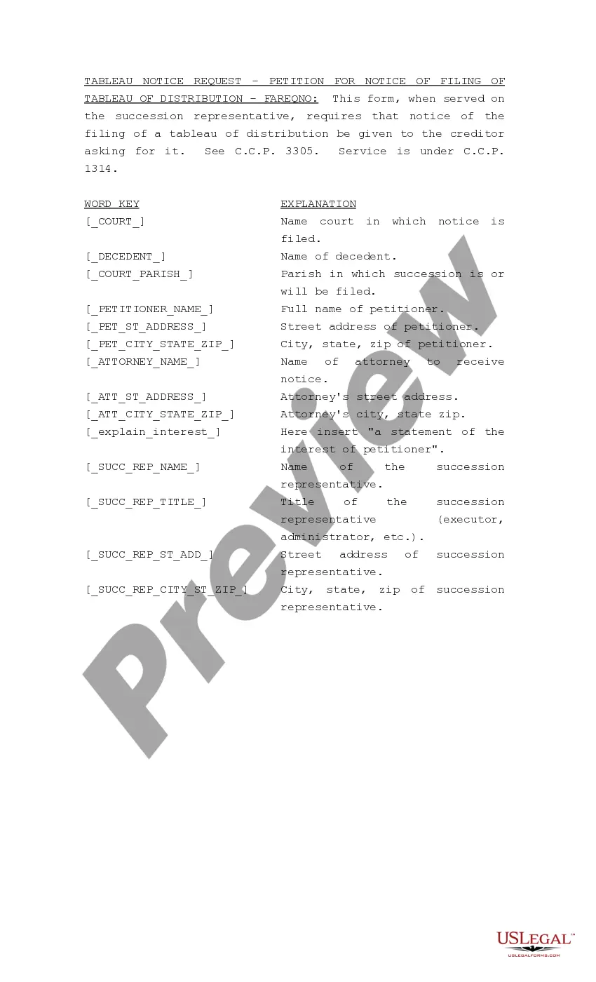 Get Petition by Creditor Seeking Notice of Filing of Tableau of Distribution Preview Petition by Creditor Seeking Notice of Filing of Tableau of Distribution