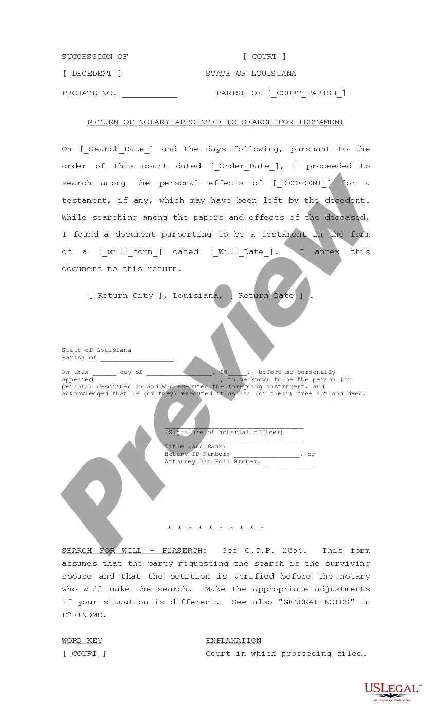 Get Motion and Order to Search for Will and Return of Notary Appointed to Search for Testament Preview Motion and Order to Search for Will and Return of Notary Appointed to Search for Testament