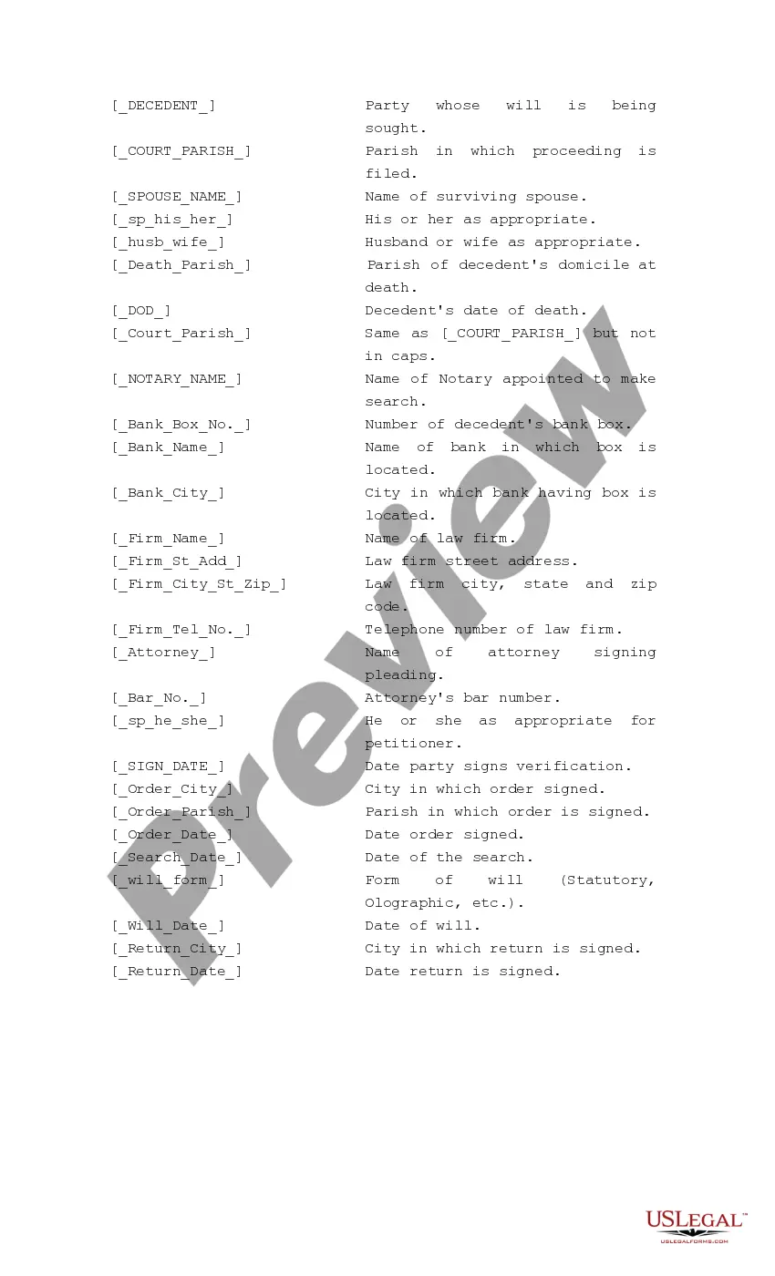 Get Motion and Order to Search for Will and Return of Notary Appointed to Search for Testament Preview Motion and Order to Search for Will and Return of Notary Appointed to Search for Testament