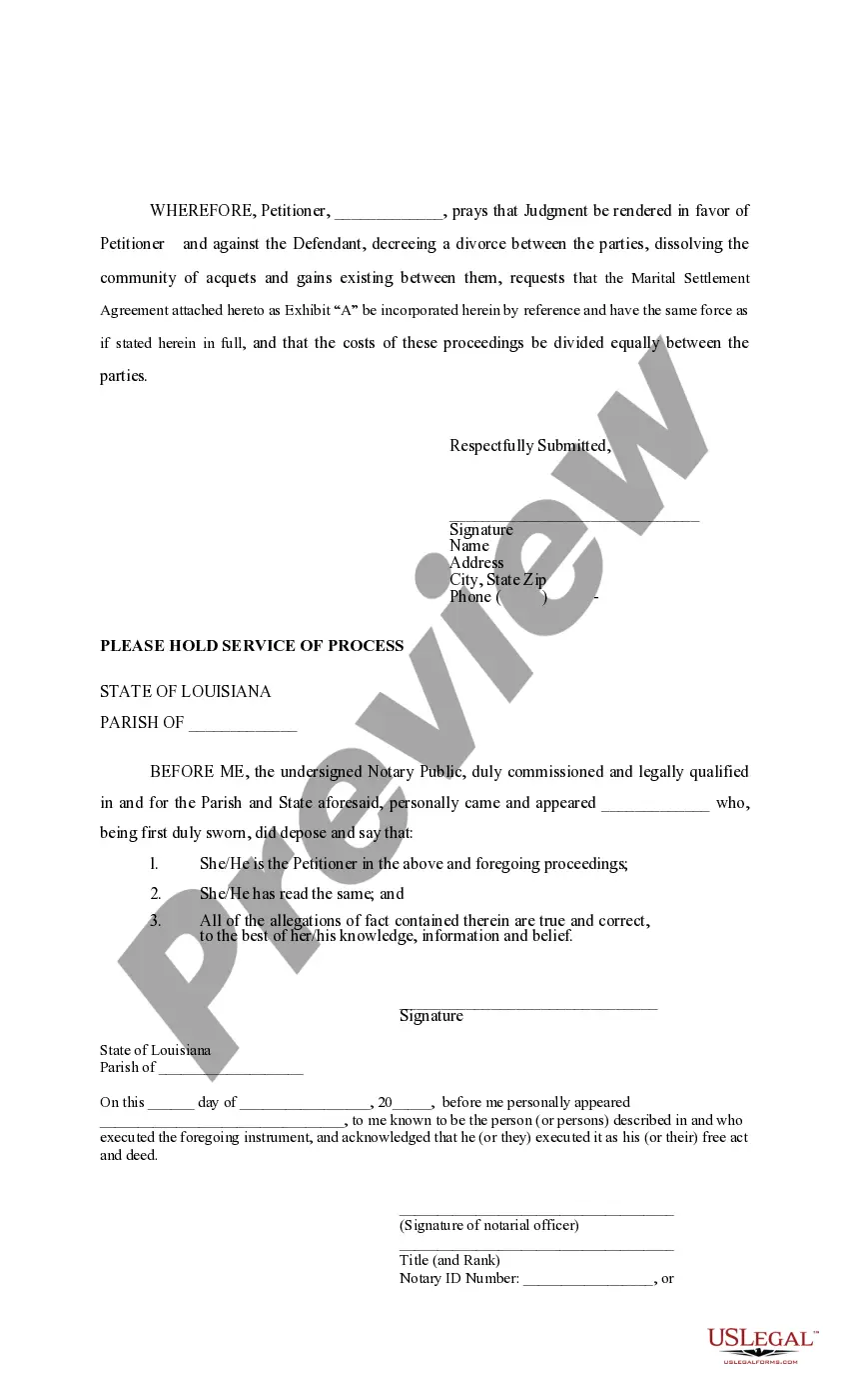 Preview Petition for Divorce - La. CC Art. 103 - No Children