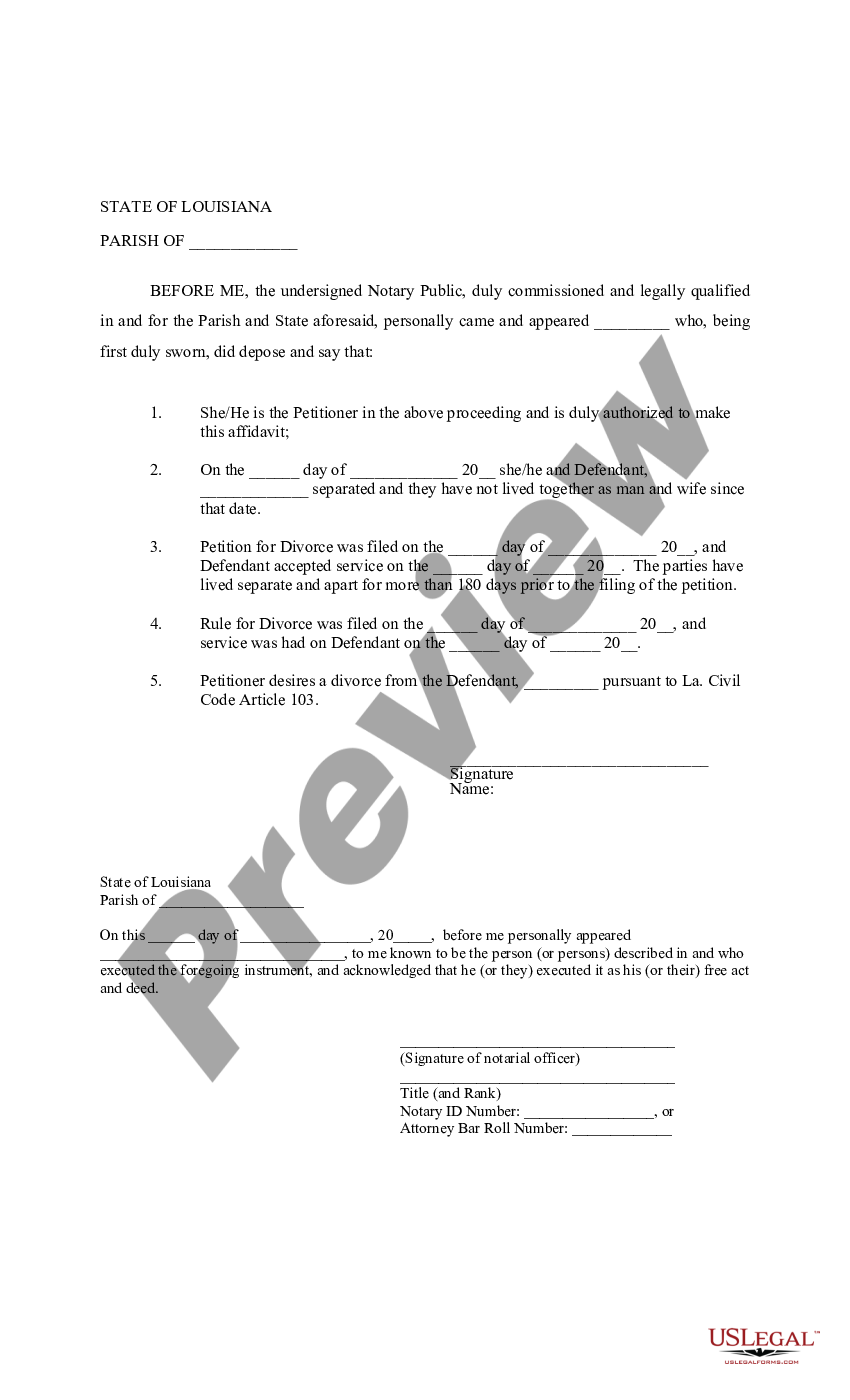 Louisiana Affidavit - La. CC Art. 103 - No Children - Affidavit La | US ...