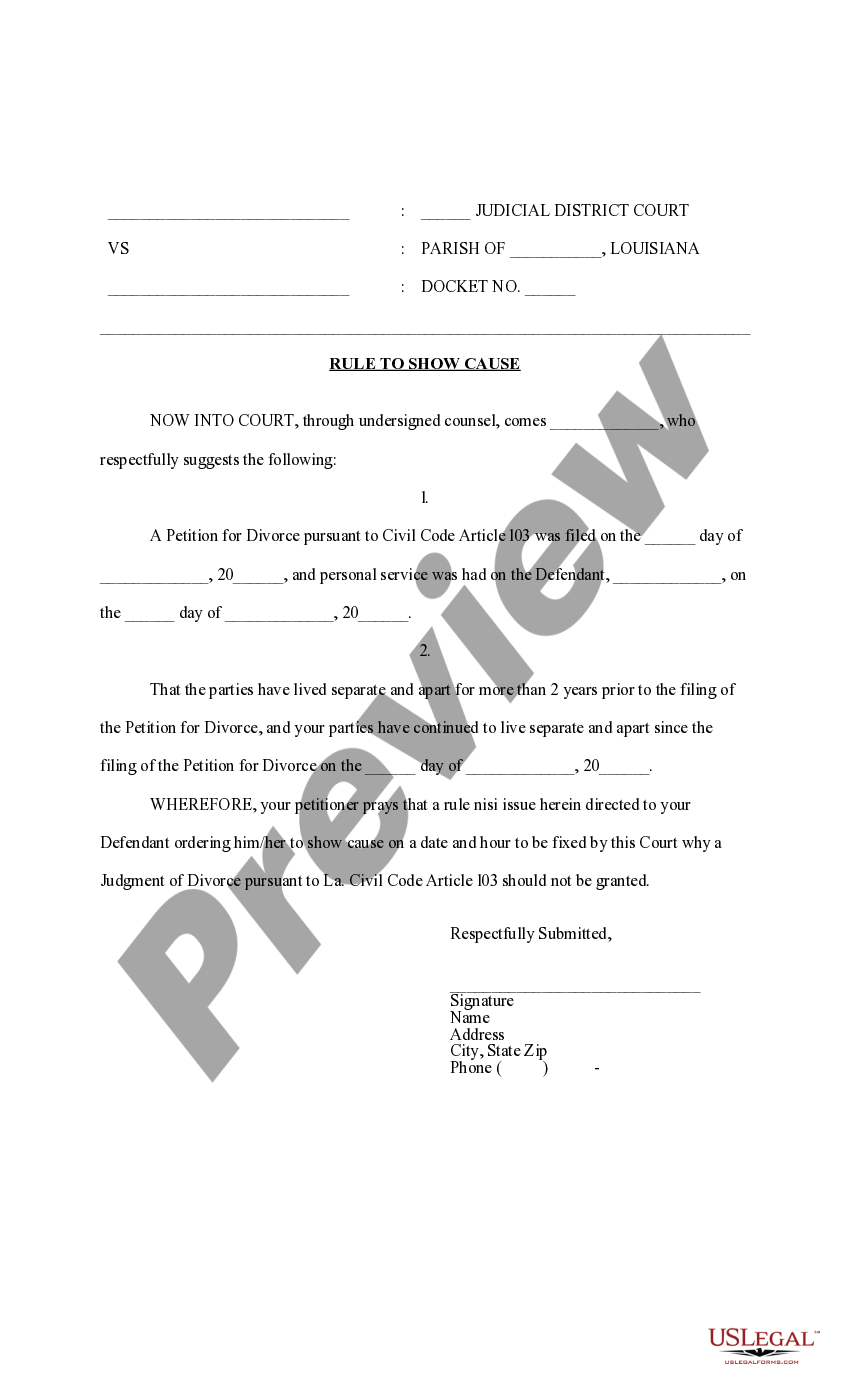 Louisiana Rule to Show Cause and Order La. CC Art. 103 Rule To Show