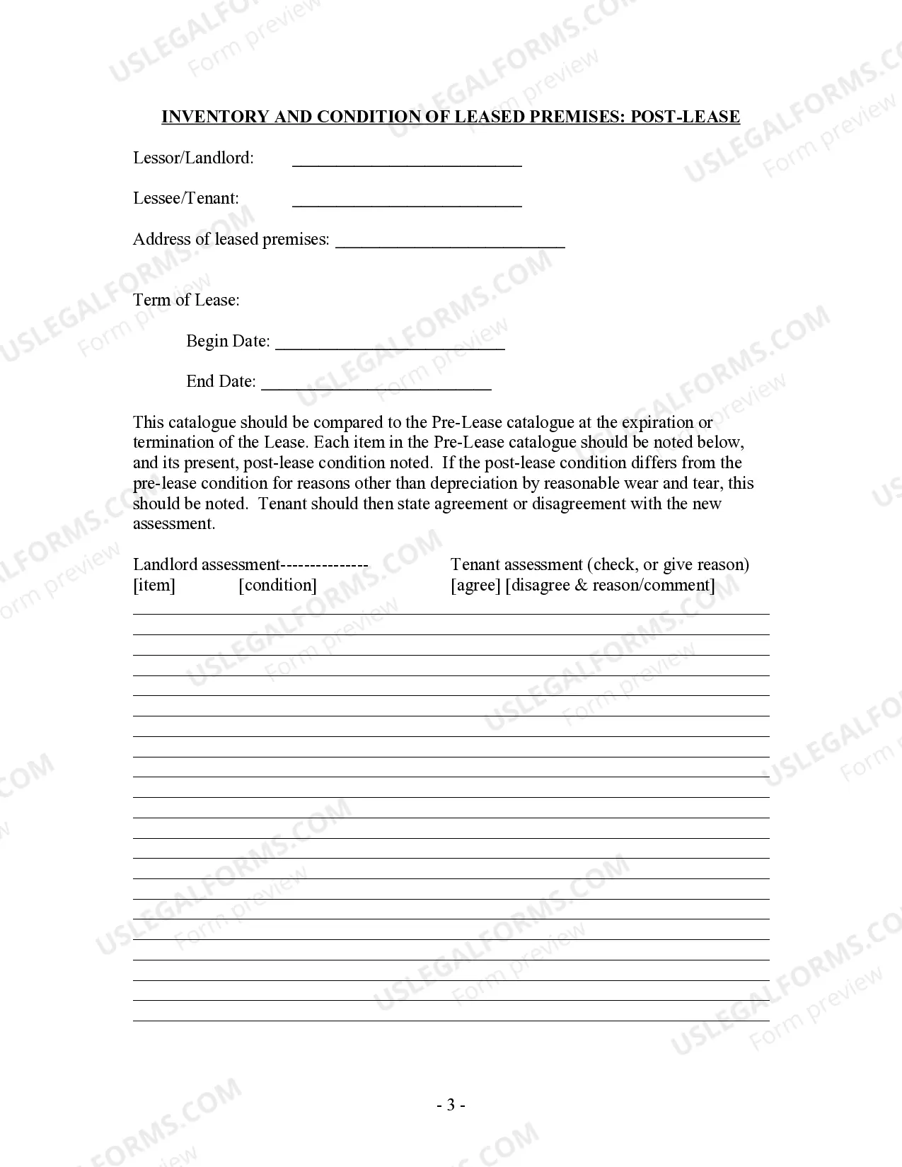 Preview Inventory and Condition of Leased Premises for Pre Lease and Post Lease