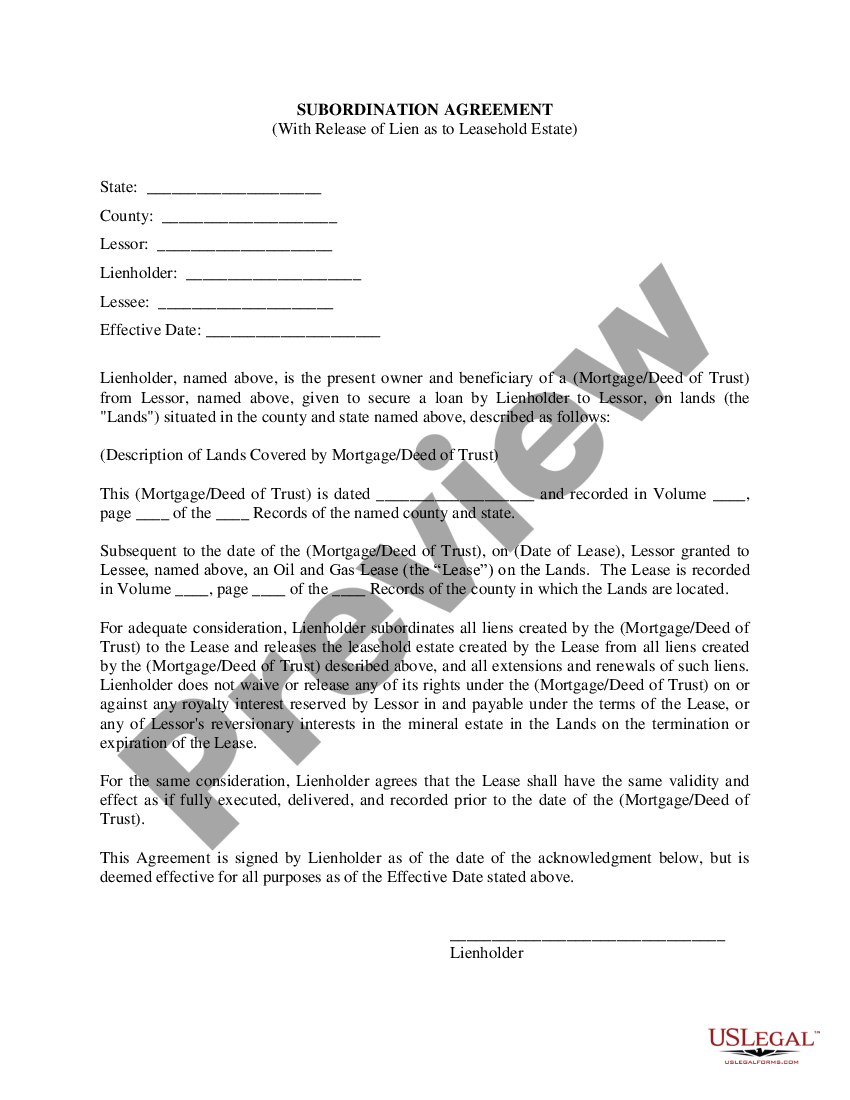 Louisiana Lease Subordination Agreement - Landlord Lien Subordination ...