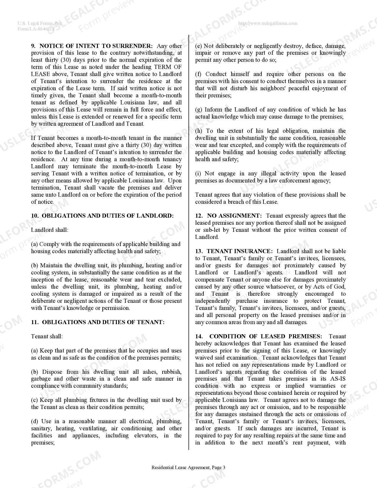 Preview Residential Lease or Rental Agreement for Month to Month