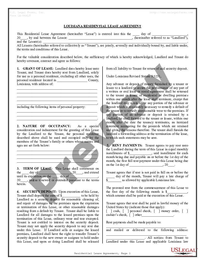 Louisiana Residential Rental Lease Agreement - Louisiana Lease