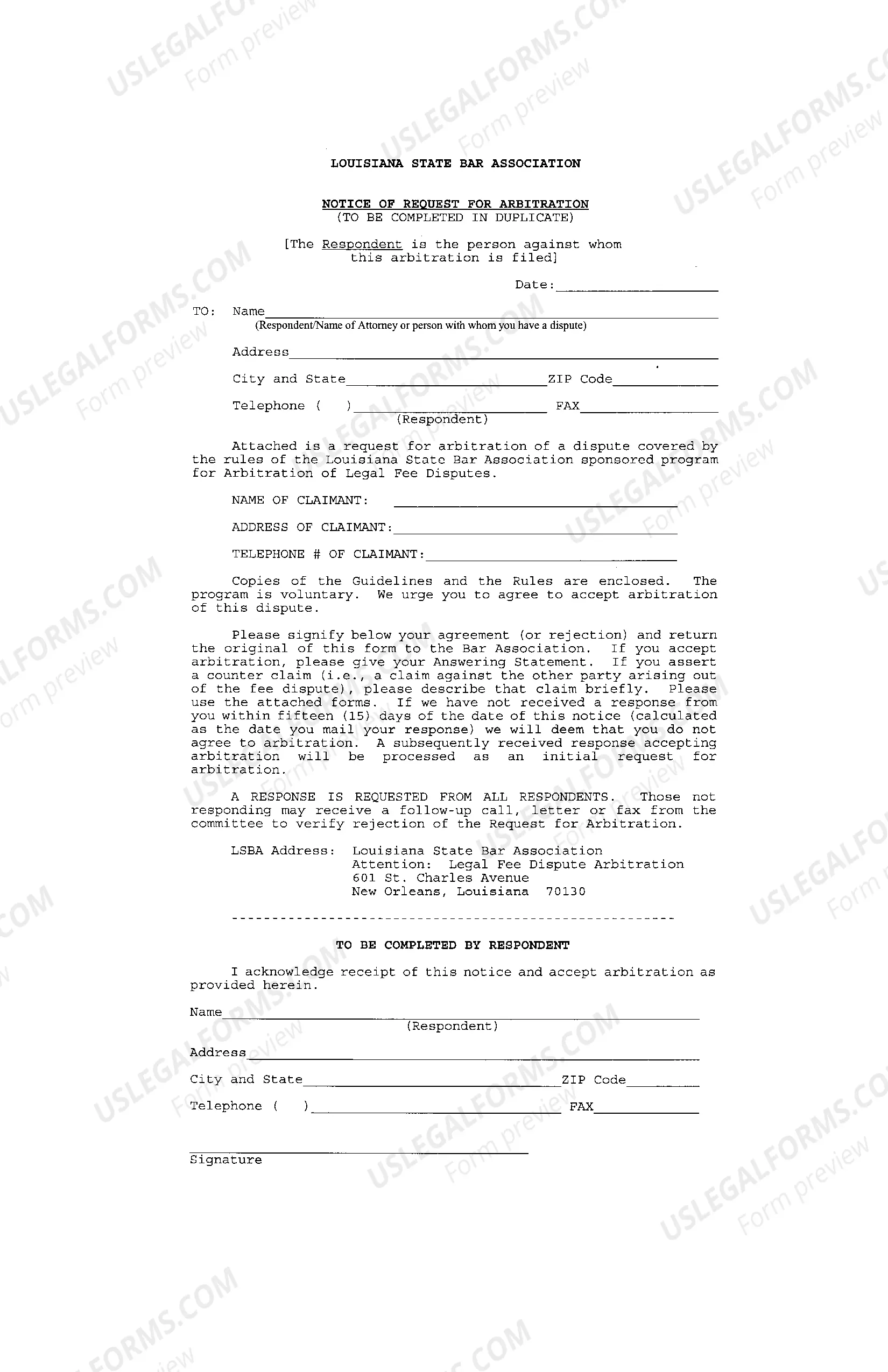 Preview Request and Notice for Arbitration - Fee Dispute