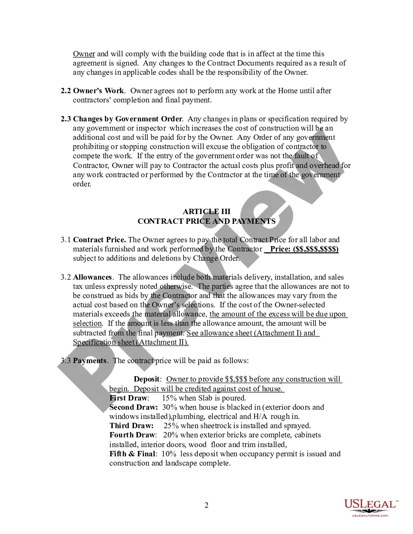 Preview Single-Family Home Building Contract on Owner's Lot