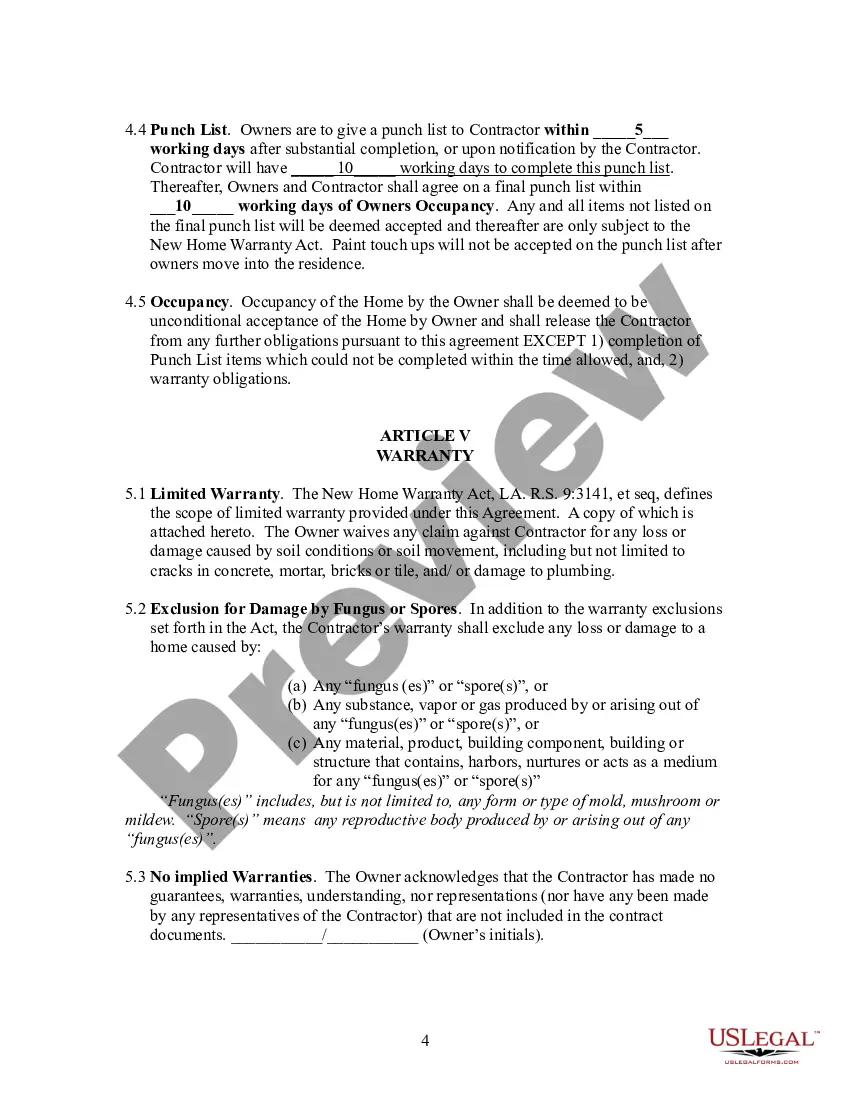 Preview Single-Family Home Building Contract on Owner's Lot