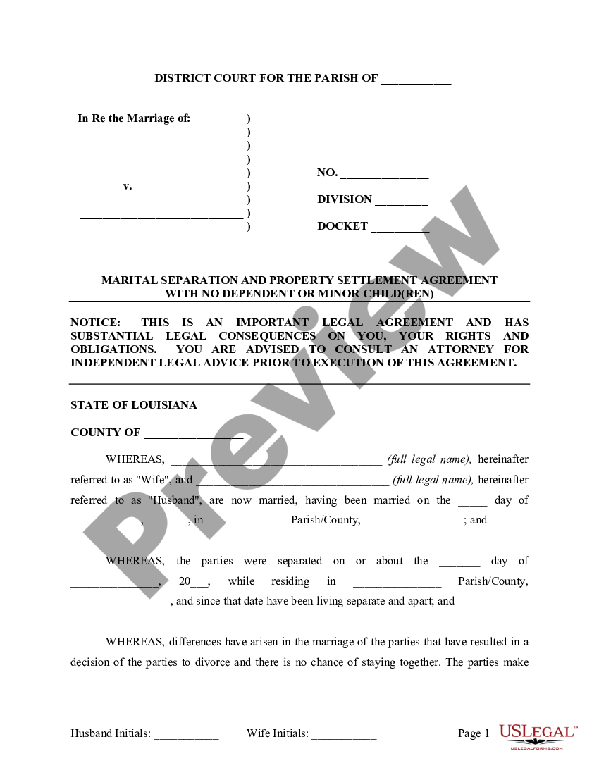 Louisiana Marital Domestic Separation And Property Settlement Agreement For Persons With No 0194