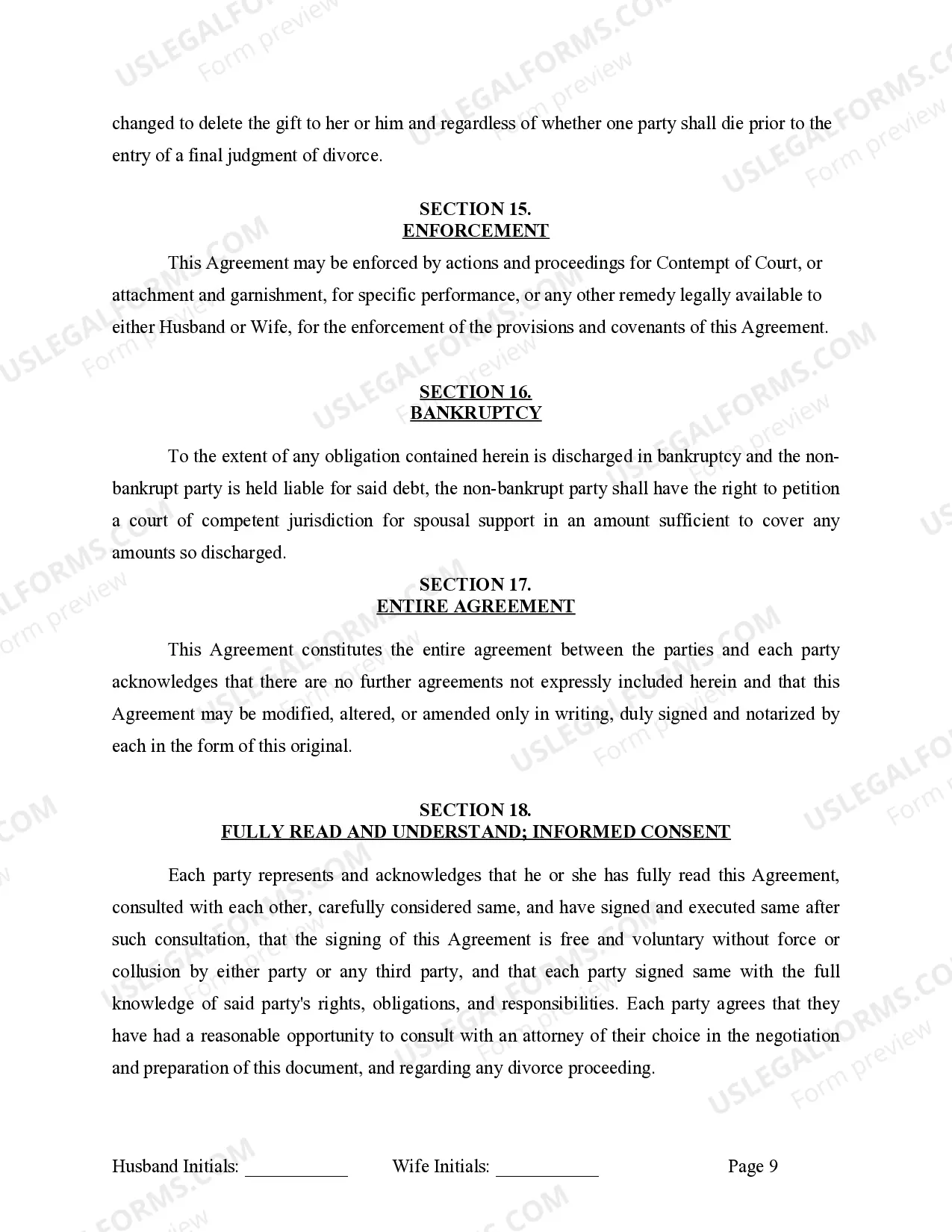 Preview Marital Domestic Separation and Property Settlement Agreement for persons with No Children, No Joint Property or Debts where Divorce Action Filed
