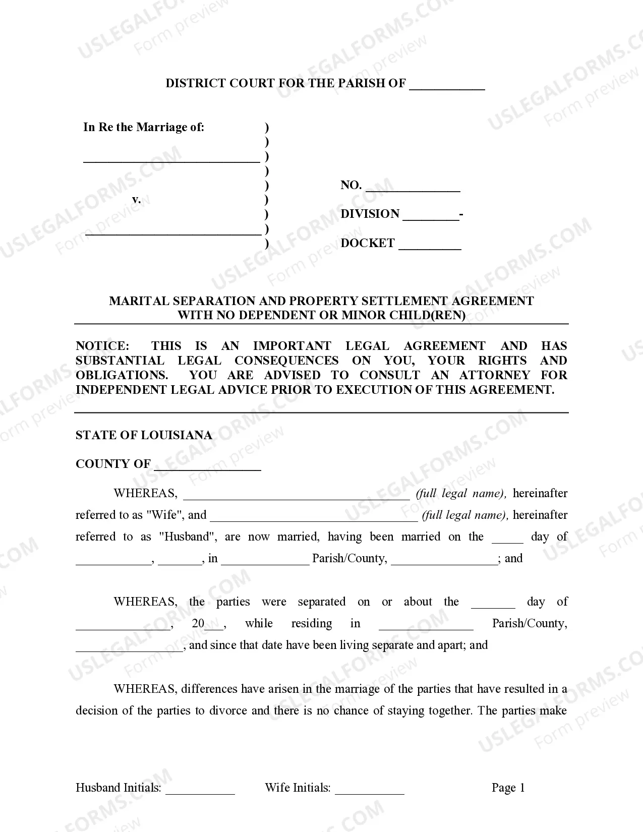 Preview Marital Domestic Separation and Property Settlement Agreement for persons with No Children, No Joint Property or Debts where Divorce Action Filed