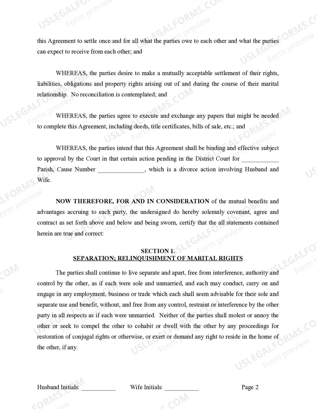 Preview Marital Domestic Separation and Property Settlement Agreement for persons with No Children, No Joint Property or Debts where Divorce Action Filed