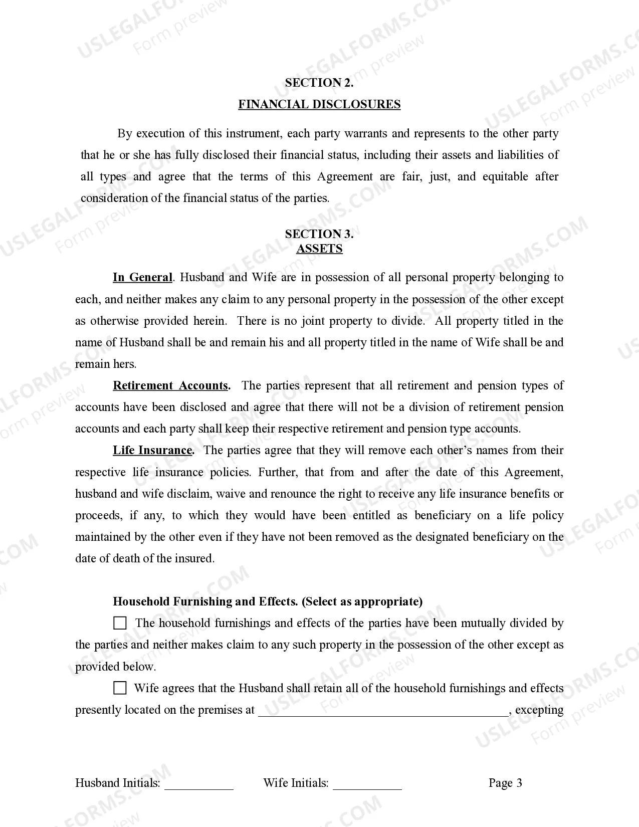 Preview Marital Domestic Separation and Property Settlement Agreement for persons with No Children, No Joint Property or Debts where Divorce Action Filed