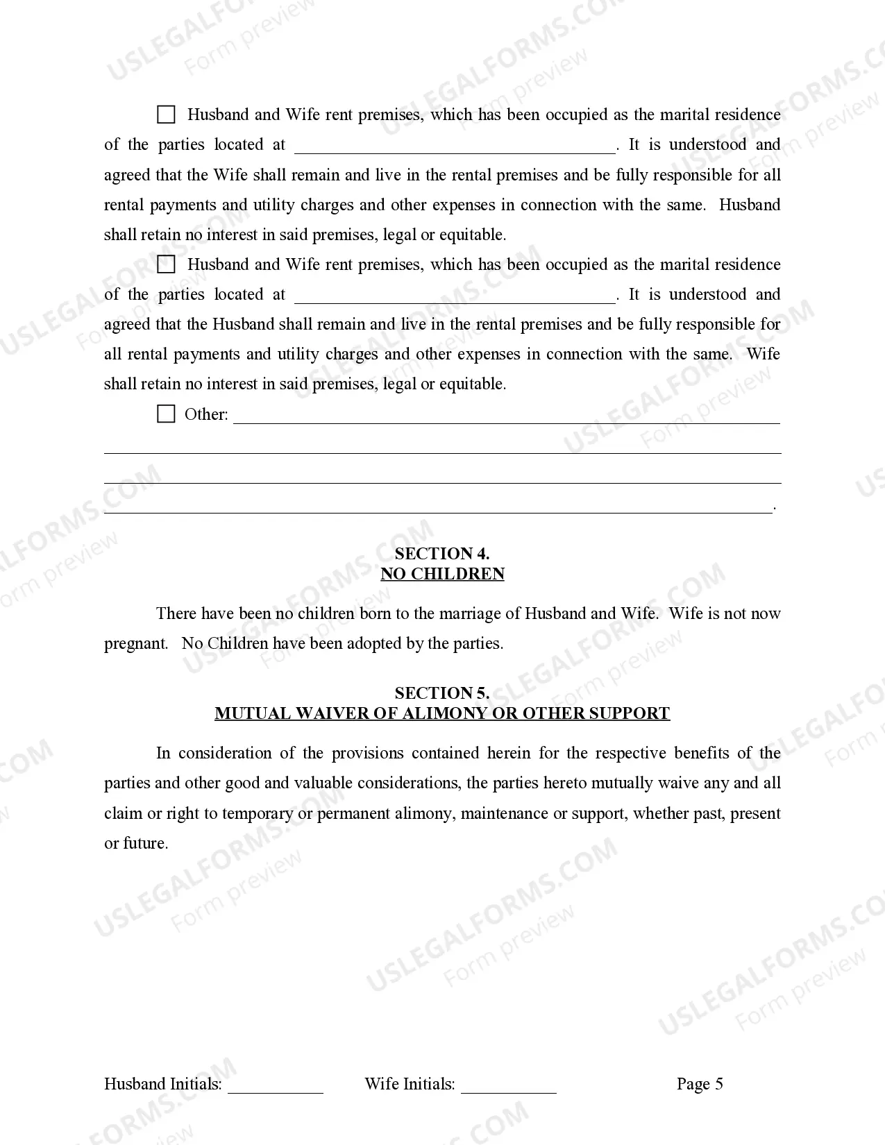 Preview Marital Domestic Separation and Property Settlement Agreement for persons with No Children, No Joint Property or Debts where Divorce Action Filed